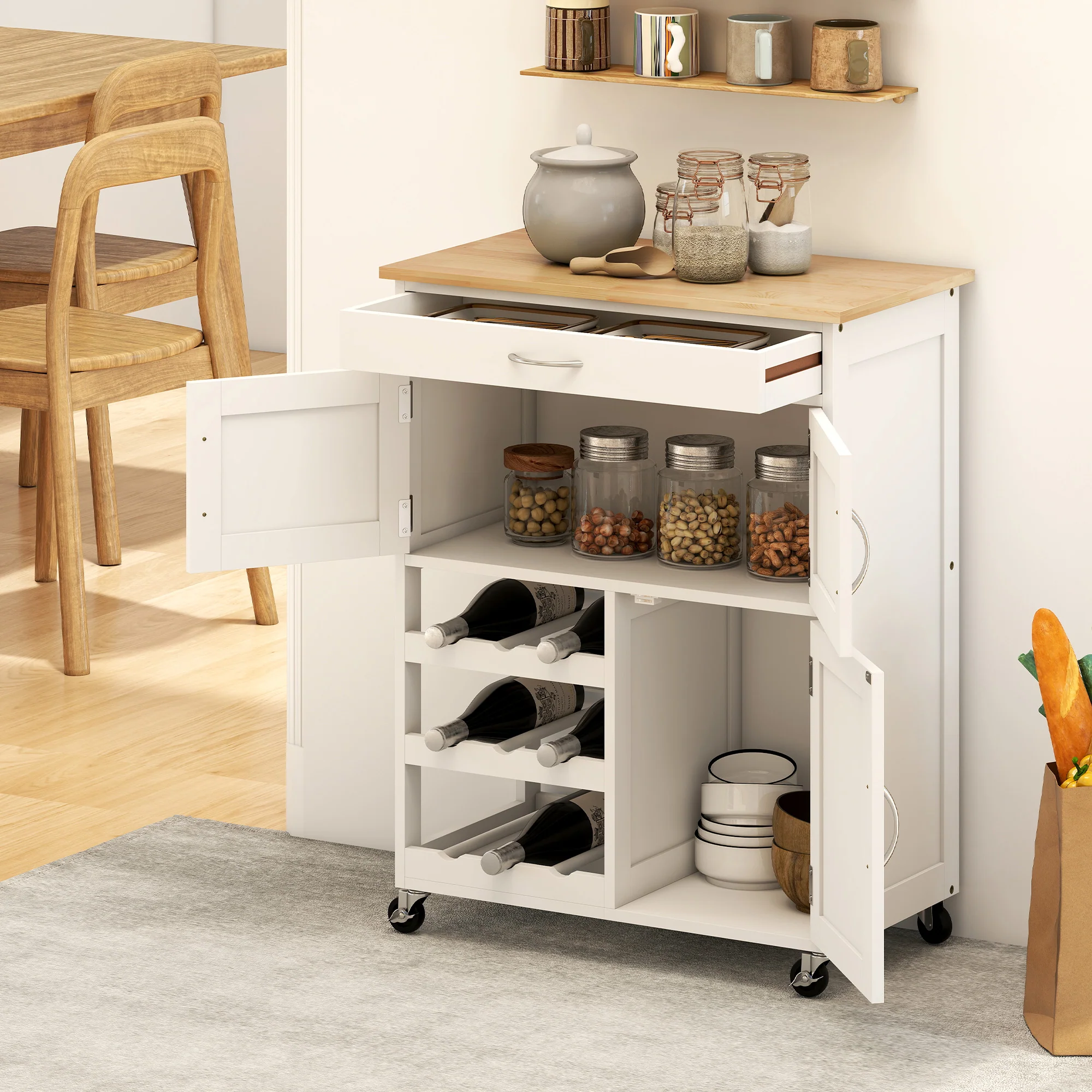 Desserte de cuisine multi rangements 2 placards tiroir casier 9 bouteilles MDF blanc plateau bois caoutchouc - Image 8
