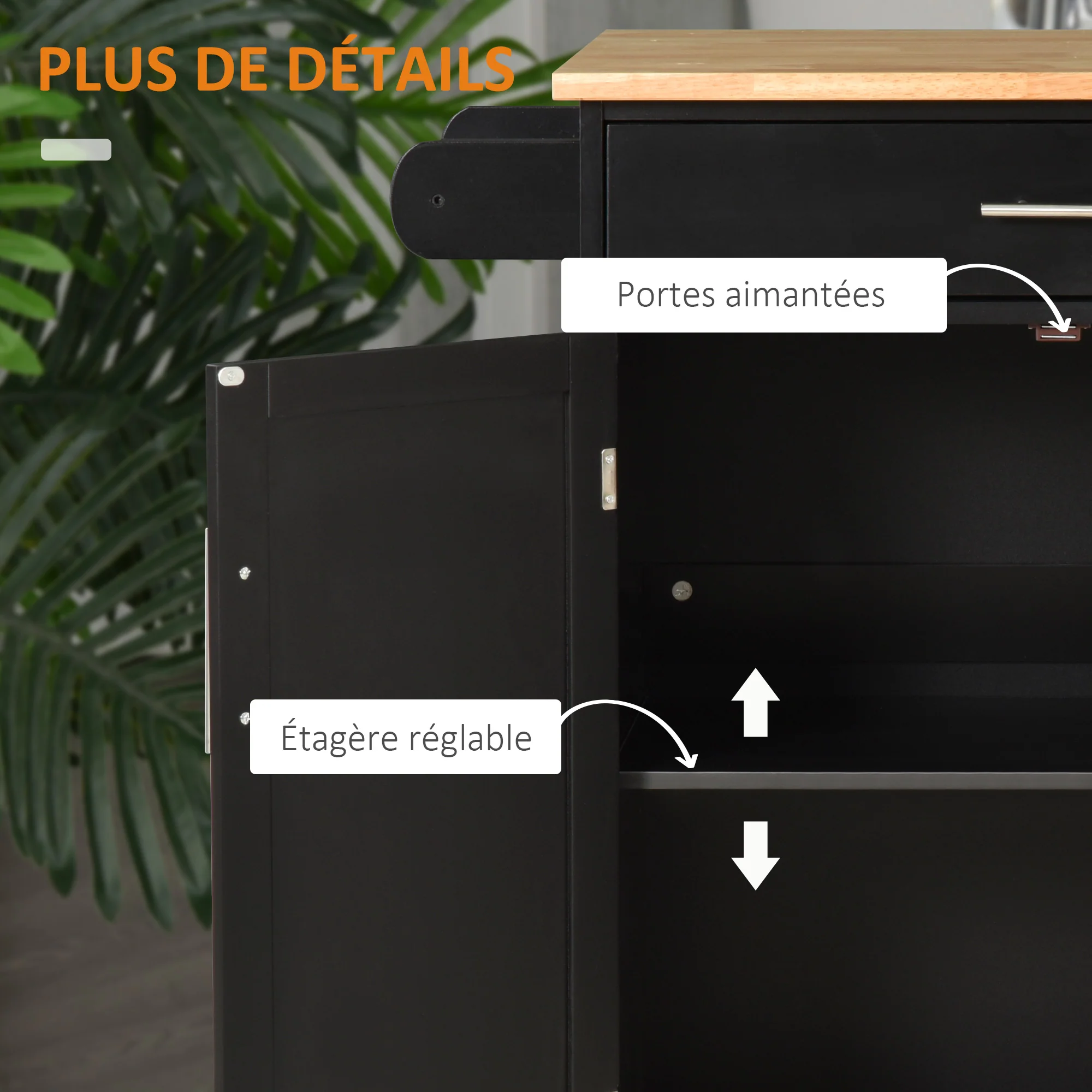 Desserte de cuisine sur roulettes chariot de service Ilot de cuisine avec tiroir de placard et porte-torchons - 83l x 45P x 91,5H cm noir - Image 8
