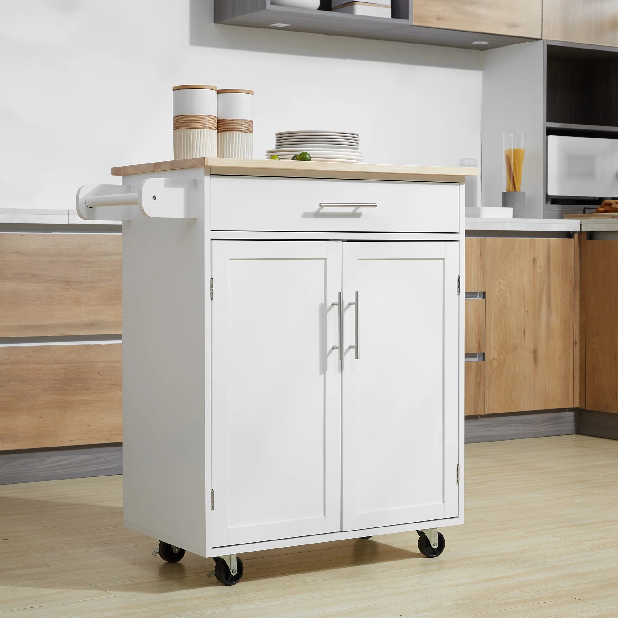 Desserte de cuisine sur roulettes chariot de service Ilot de cuisine avec tiroir de placard et porte-torchons - 83l x 45P x 91,5H cm blanc - Image 3