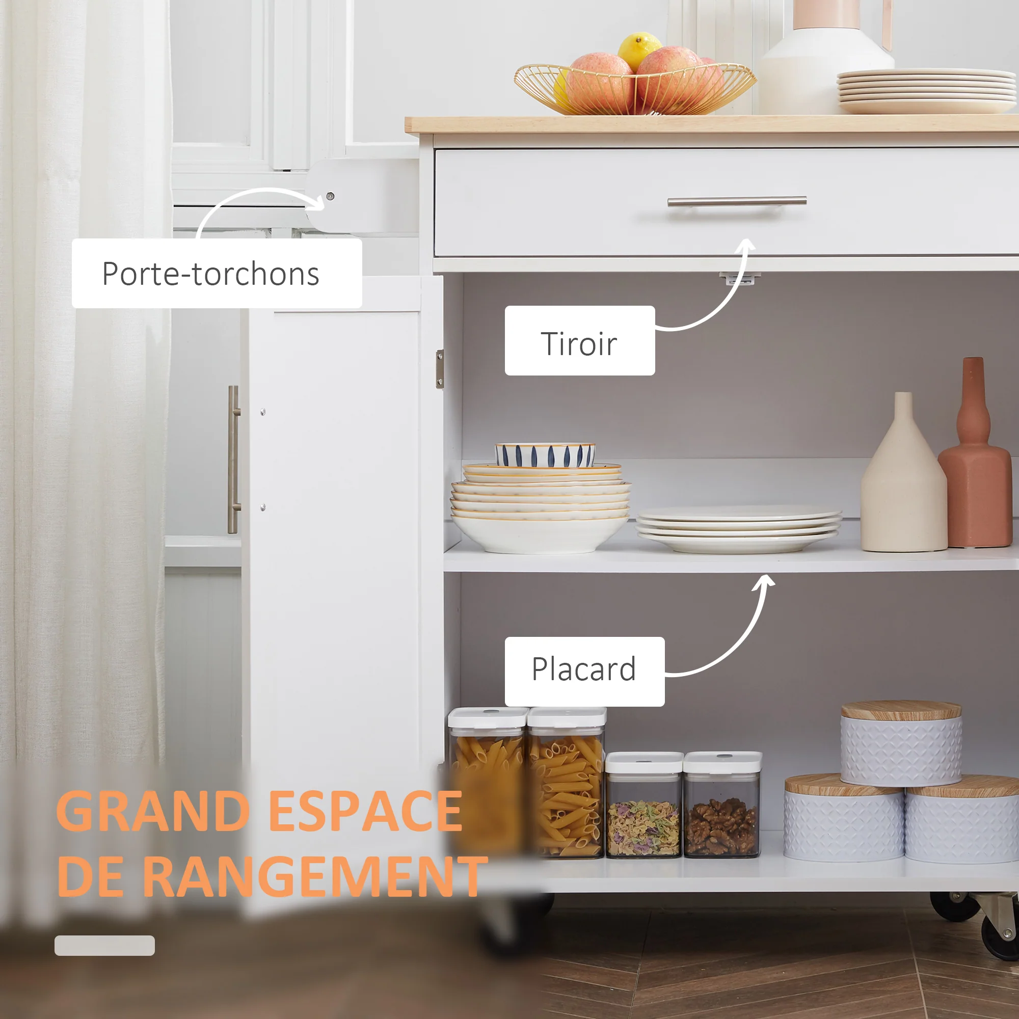Desserte de cuisine sur roulettes chariot de service Ilot de cuisine avec tiroir de placard et porte-torchons - 83l x 45P x 91,5H cm blanc - Image 5