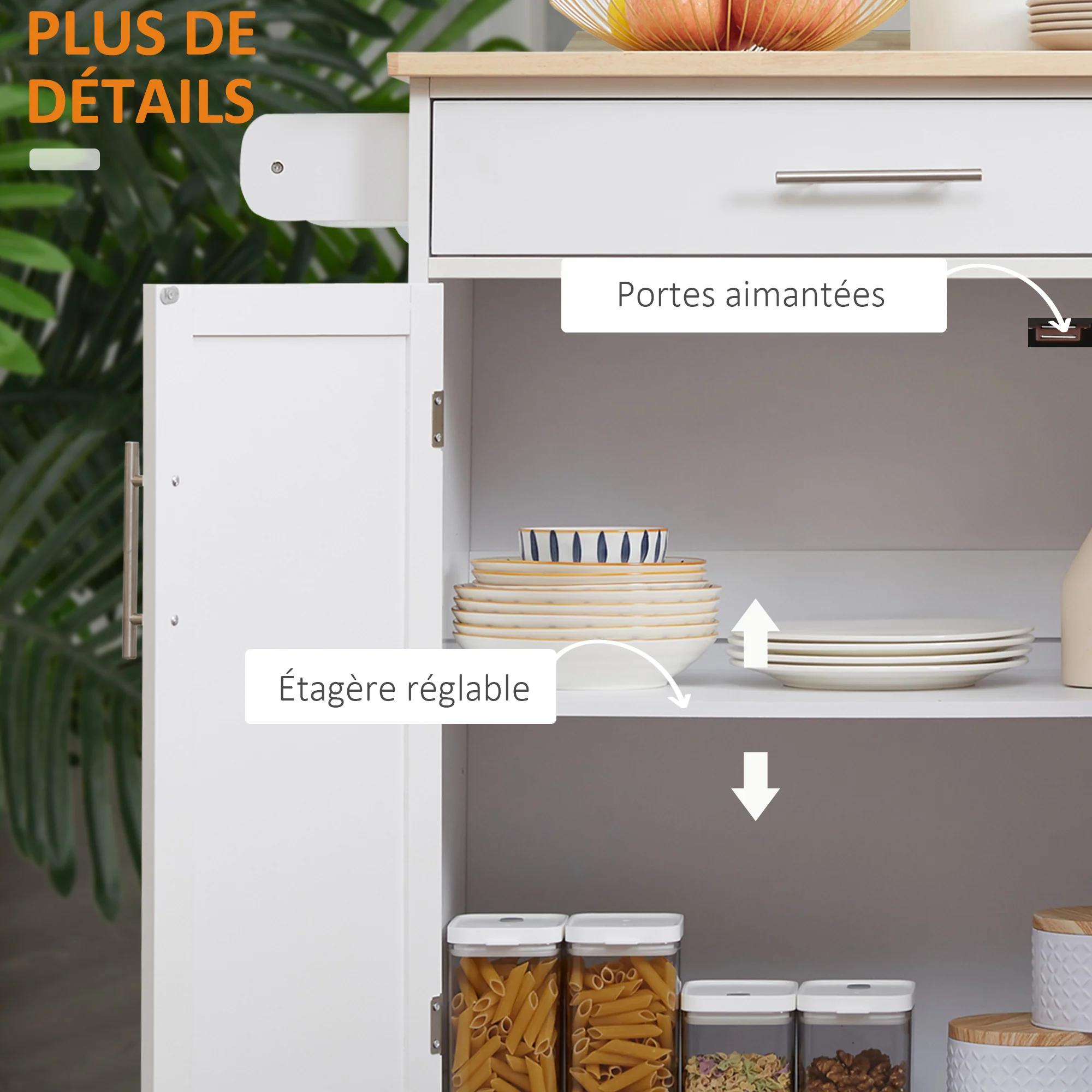 Desserte de cuisine sur roulettes chariot de service Ilot de cuisine avec tiroir de placard et porte-torchons - 83l x 45P x 91,5H cm blanc - Image 8
