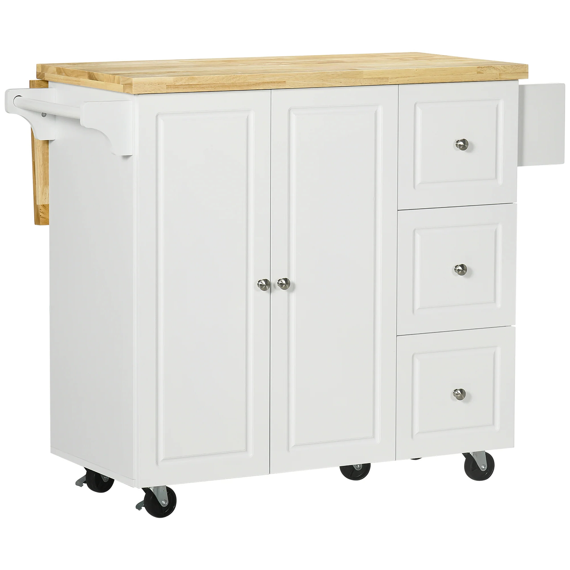 Desserte de cuisine sur roulettes, îlot central cuisine avec plateau en bois d'hévéa, 3 tiroirs, 1 placard, 2 portes, porte-torchons et porte-épices, 111,5 x 45-75 x 89 cm, blanc - Image 2