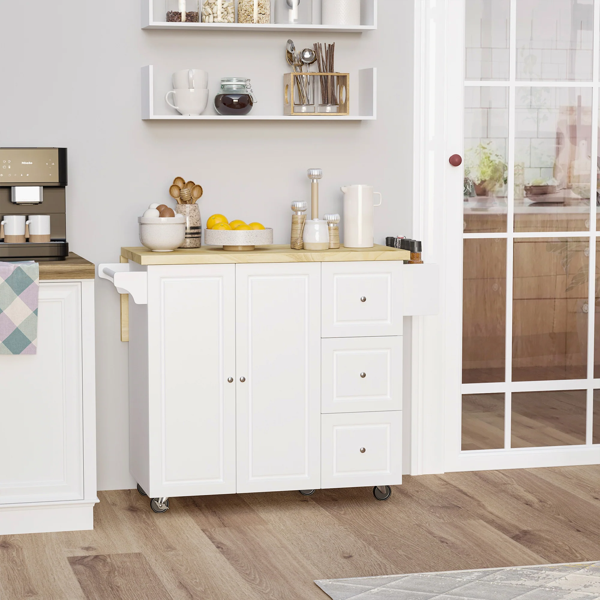 Desserte de cuisine sur roulettes, îlot central cuisine avec plateau en bois d'hévéa, 3 tiroirs, 1 placard, 2 portes, porte-torchons et porte-épices, 111,5 x 45-75 x 89 cm, blanc - Image 3