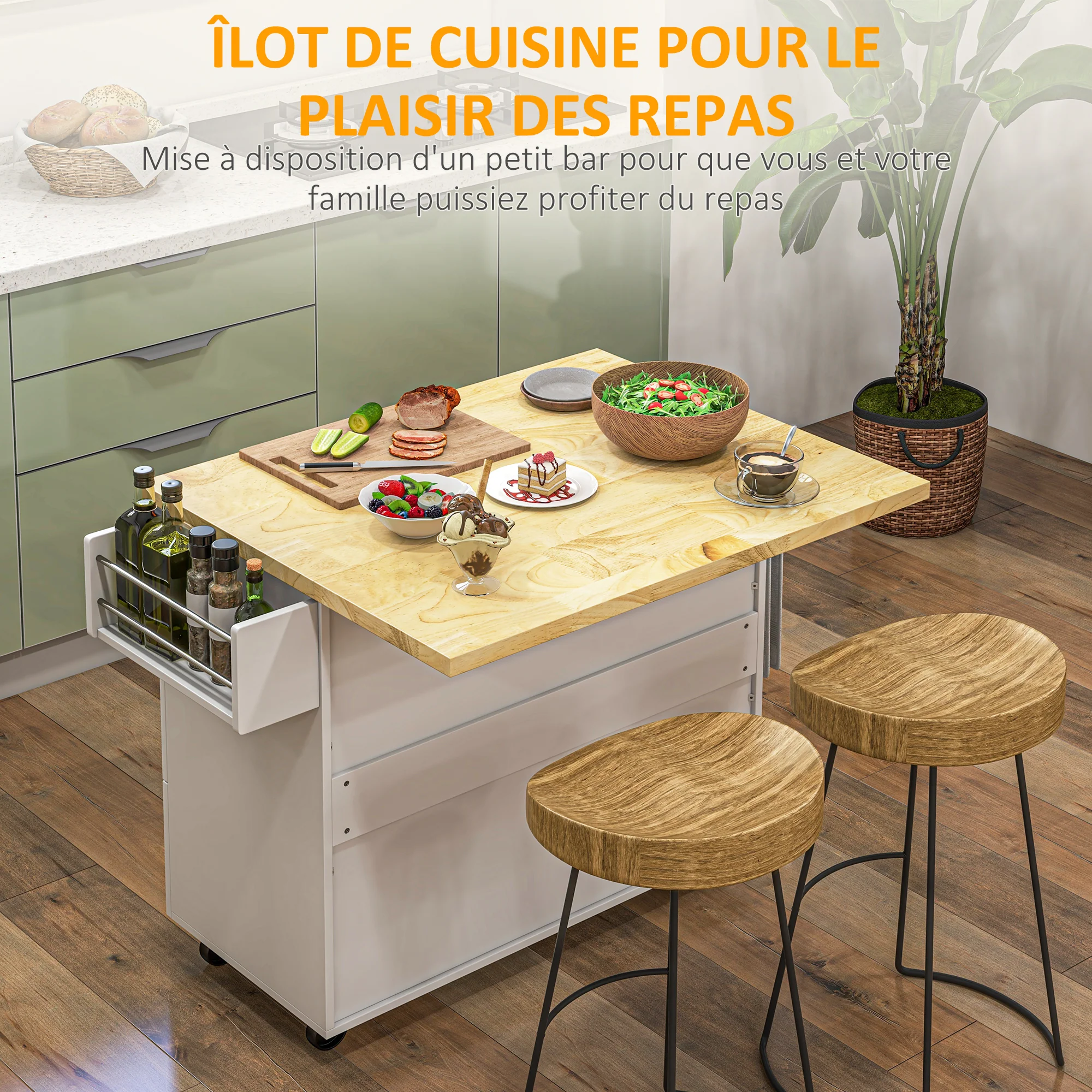 Desserte de cuisine sur roulettes, îlot central cuisine avec plateau en bois d'hévéa, 3 tiroirs, 1 placard, 2 portes, porte-torchons et porte-épices, 111,5 x 45-75 x 89 cm, blanc - Image 5