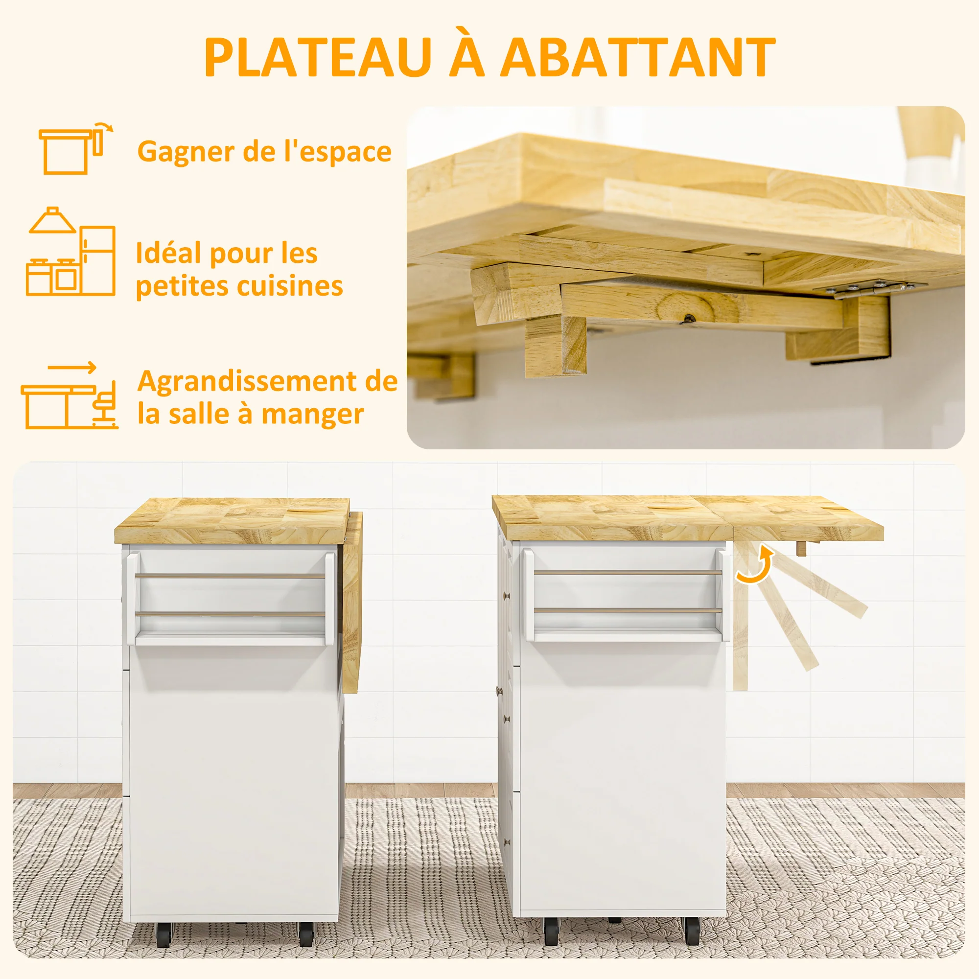 Desserte de cuisine sur roulettes, îlot central cuisine avec plateau en bois d'hévéa, 3 tiroirs, 1 placard, 2 portes, porte-torchons et porte-épices, 111,5 x 45-75 x 89 cm, blanc - Image 7