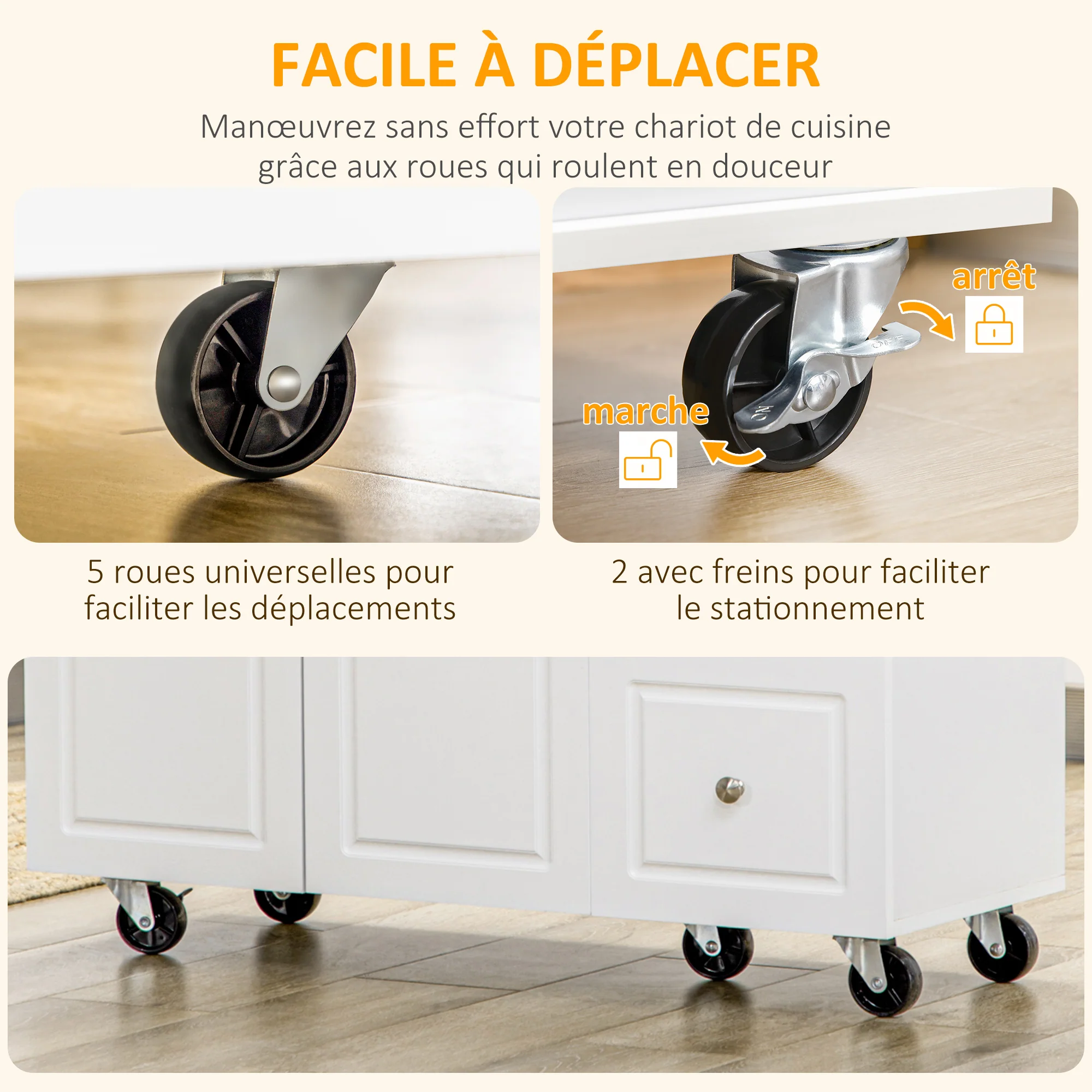 Desserte de cuisine sur roulettes, îlot central cuisine avec plateau en bois d'hévéa, 3 tiroirs, 1 placard, 2 portes, porte-torchons et porte-épices, 111,5 x 45-75 x 89 cm, blanc - Image 8