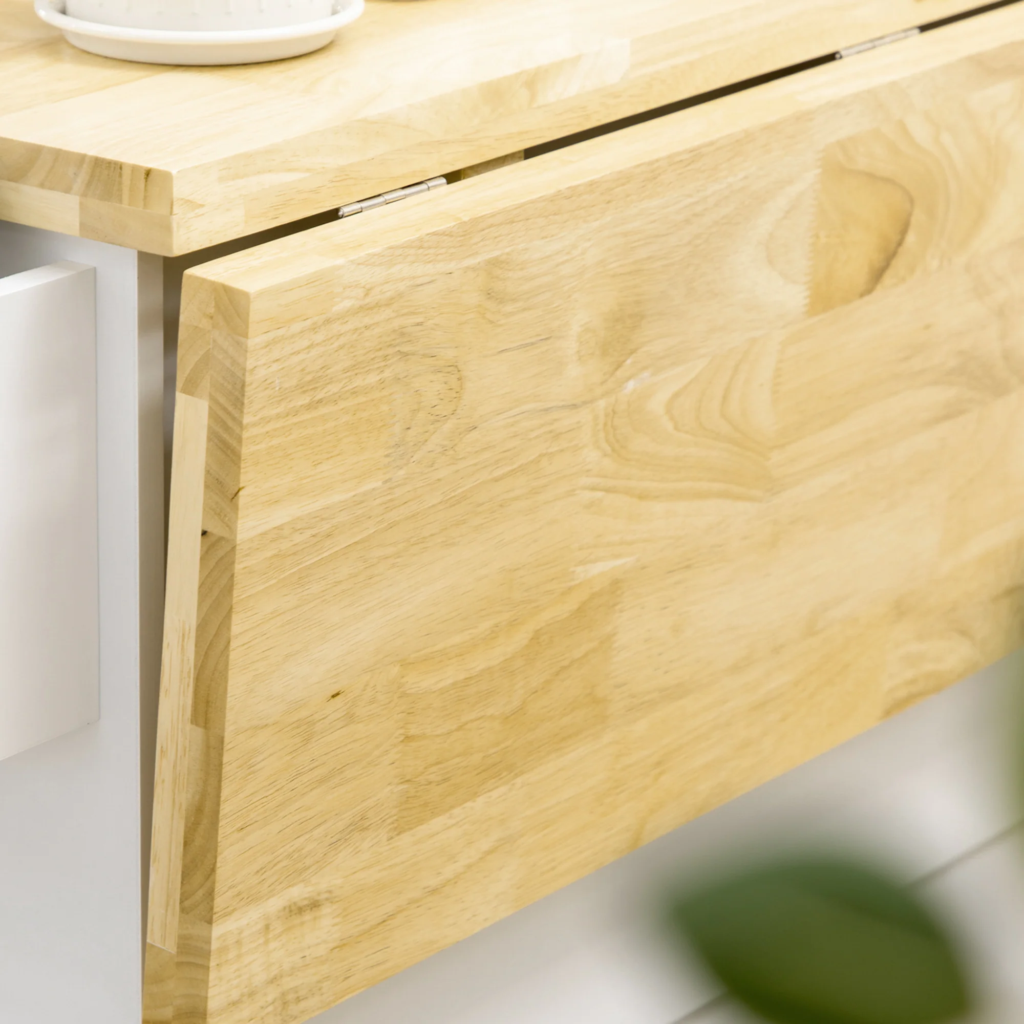Desserte de cuisine sur roulettes, îlot central cuisine avec plateau en bois d'hévéa, 3 tiroirs, 1 placard, 2 portes, porte-torchons et porte-épices, 111,5 x 45-75 x 89 cm, blanc - Image 9