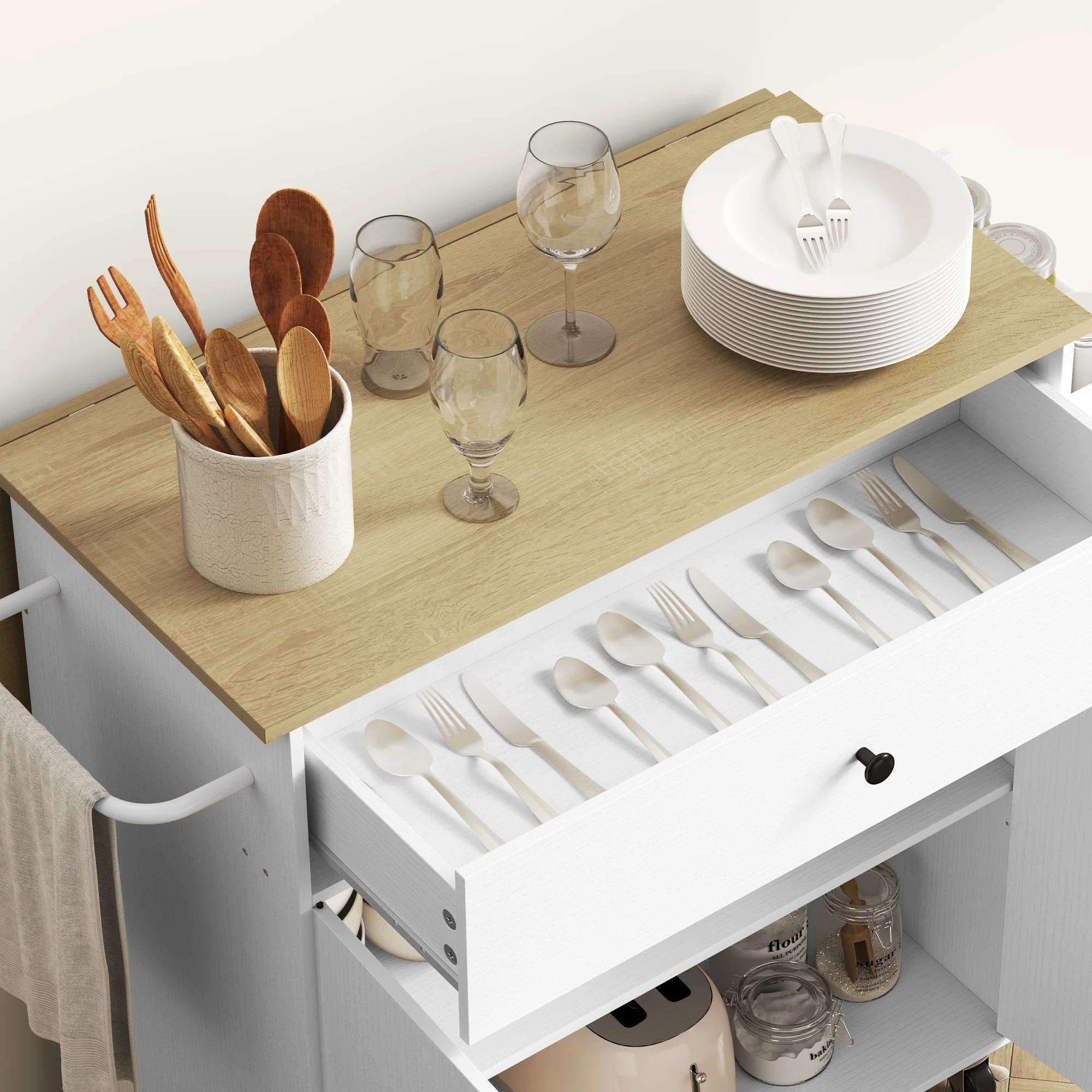 Desserte de cuisine sur roulettes, ?lot central cuisine avec tiroir, étagère réglable, placard à double porte, support à épices et porte-serviette, 106 x 42 x 87 cm, blanc - Image 10