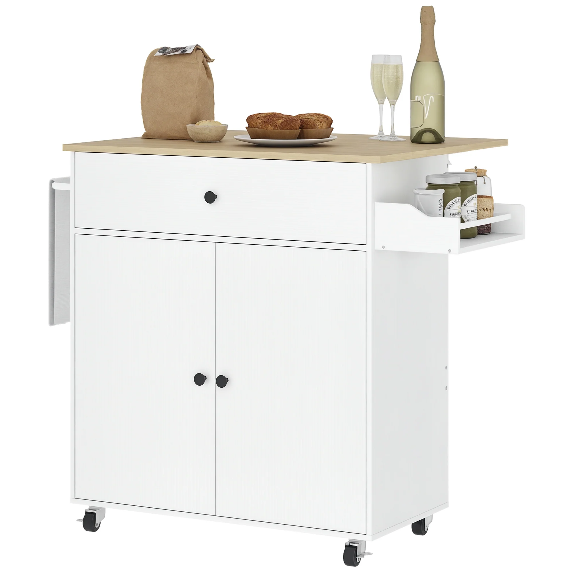 Desserte de cuisine sur roulettes, ?lot central cuisine avec tiroir, étagère réglable, placard à double porte, support à épices et porte-serviette, 106 x 42 x 87 cm, blanc - Image 11