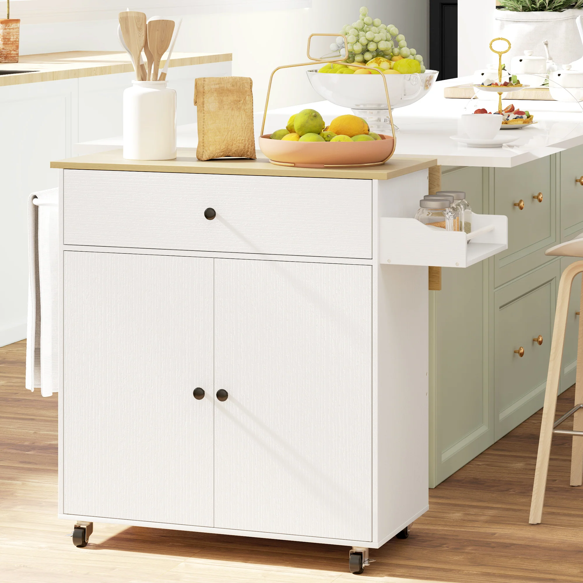 Desserte de cuisine sur roulettes, ?lot central cuisine avec tiroir, étagère réglable, placard à double porte, support à épices et porte-serviette, 106 x 42 x 87 cm, blanc - Image 3