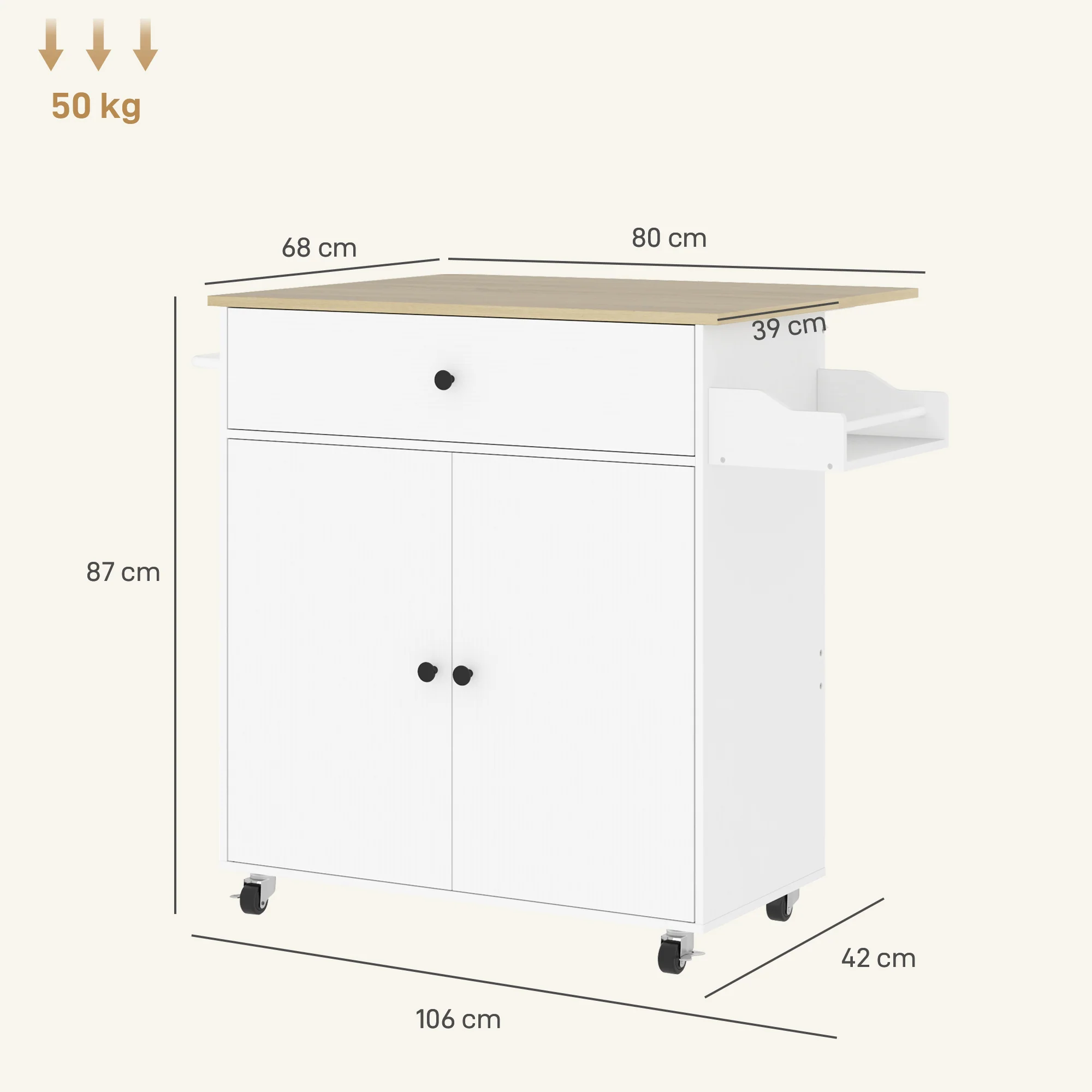 Desserte de cuisine sur roulettes, ?lot central cuisine avec tiroir, étagère réglable, placard à double porte, support à épices et porte-serviette, 106 x 42 x 87 cm, blanc - Image 4