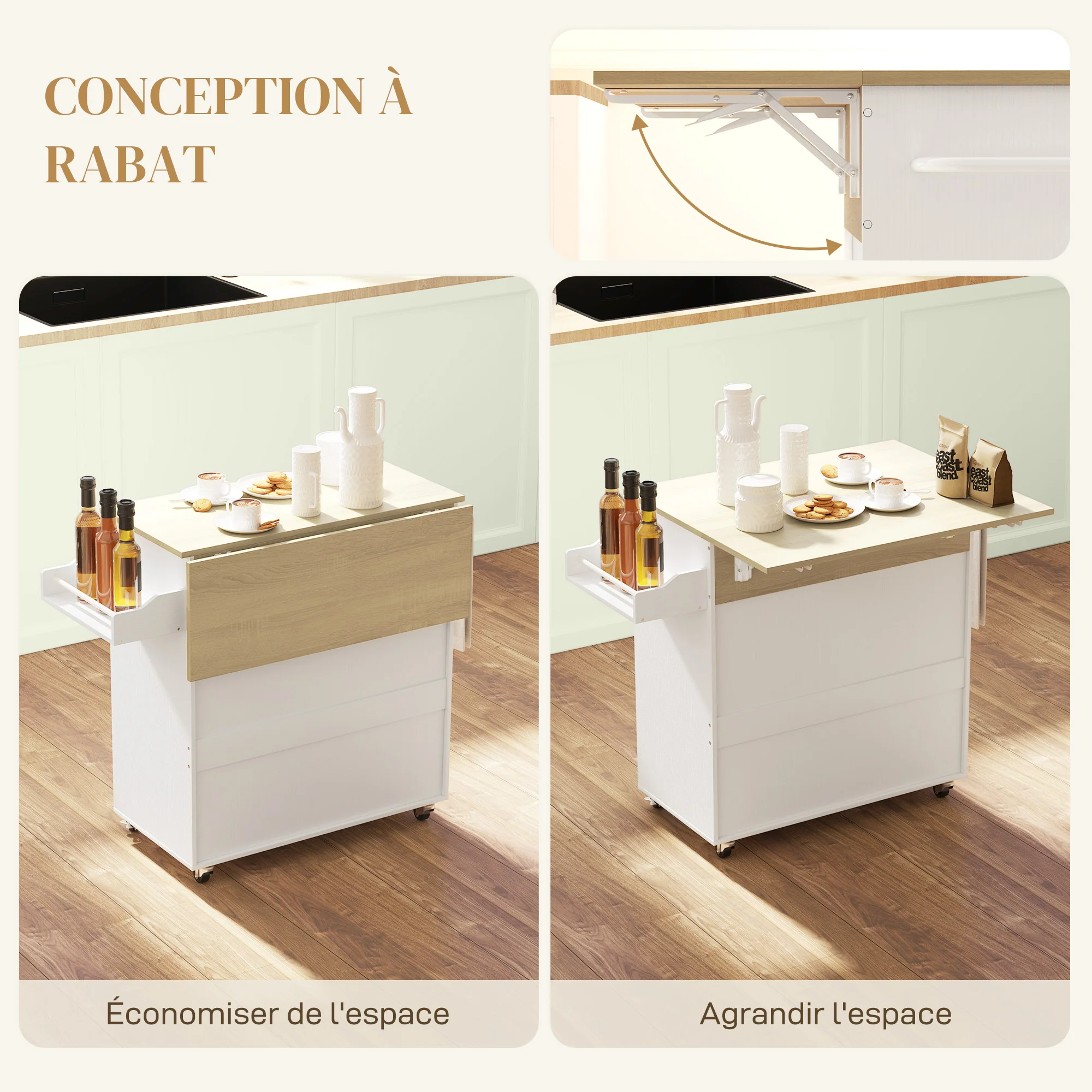 Desserte de cuisine sur roulettes, ?lot central cuisine avec tiroir, étagère réglable, placard à double porte, support à épices et porte-serviette, 106 x 42 x 87 cm, blanc - Image 5