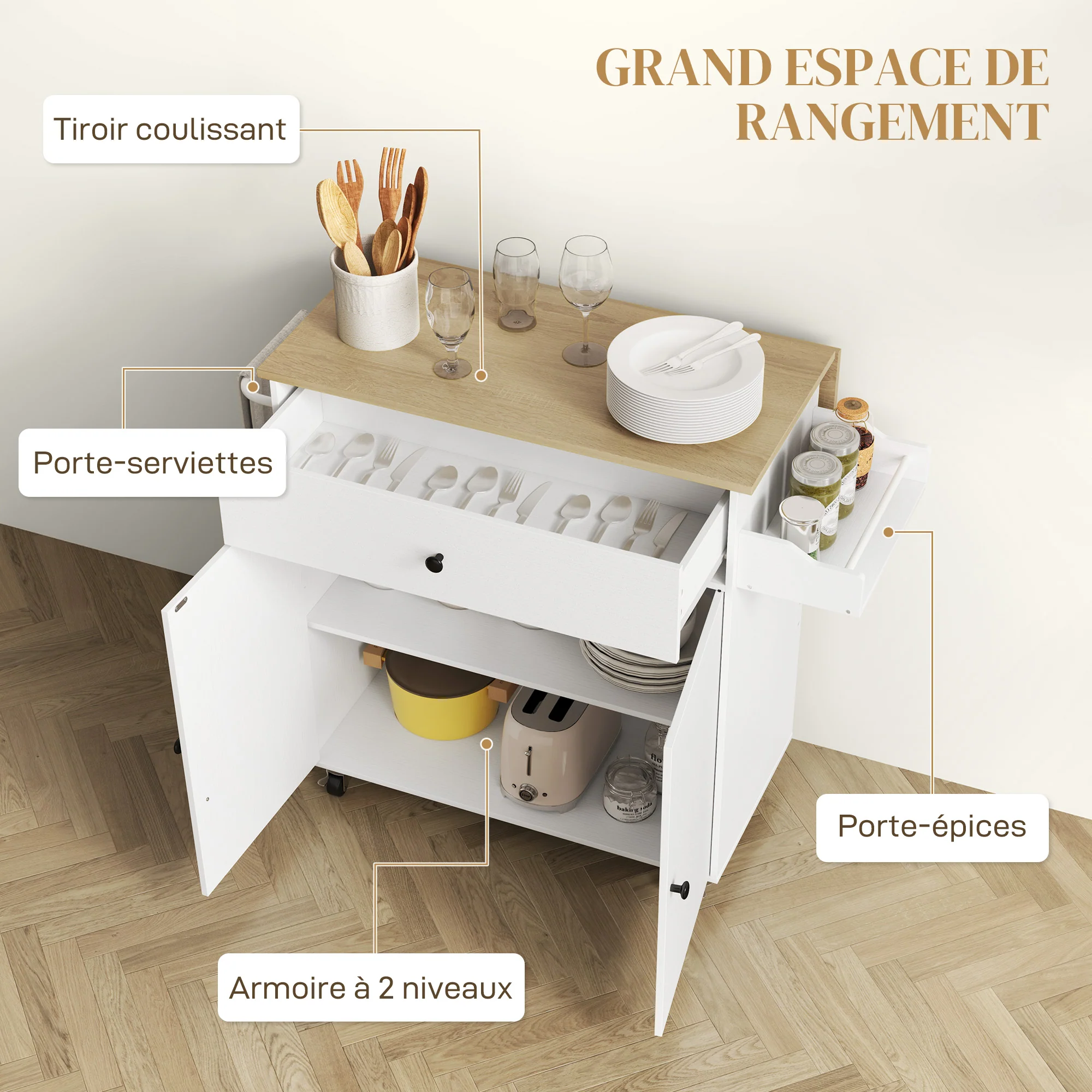 Desserte de cuisine sur roulettes, ?lot central cuisine avec tiroir, étagère réglable, placard à double porte, support à épices et porte-serviette, 106 x 42 x 87 cm, blanc - Image 6