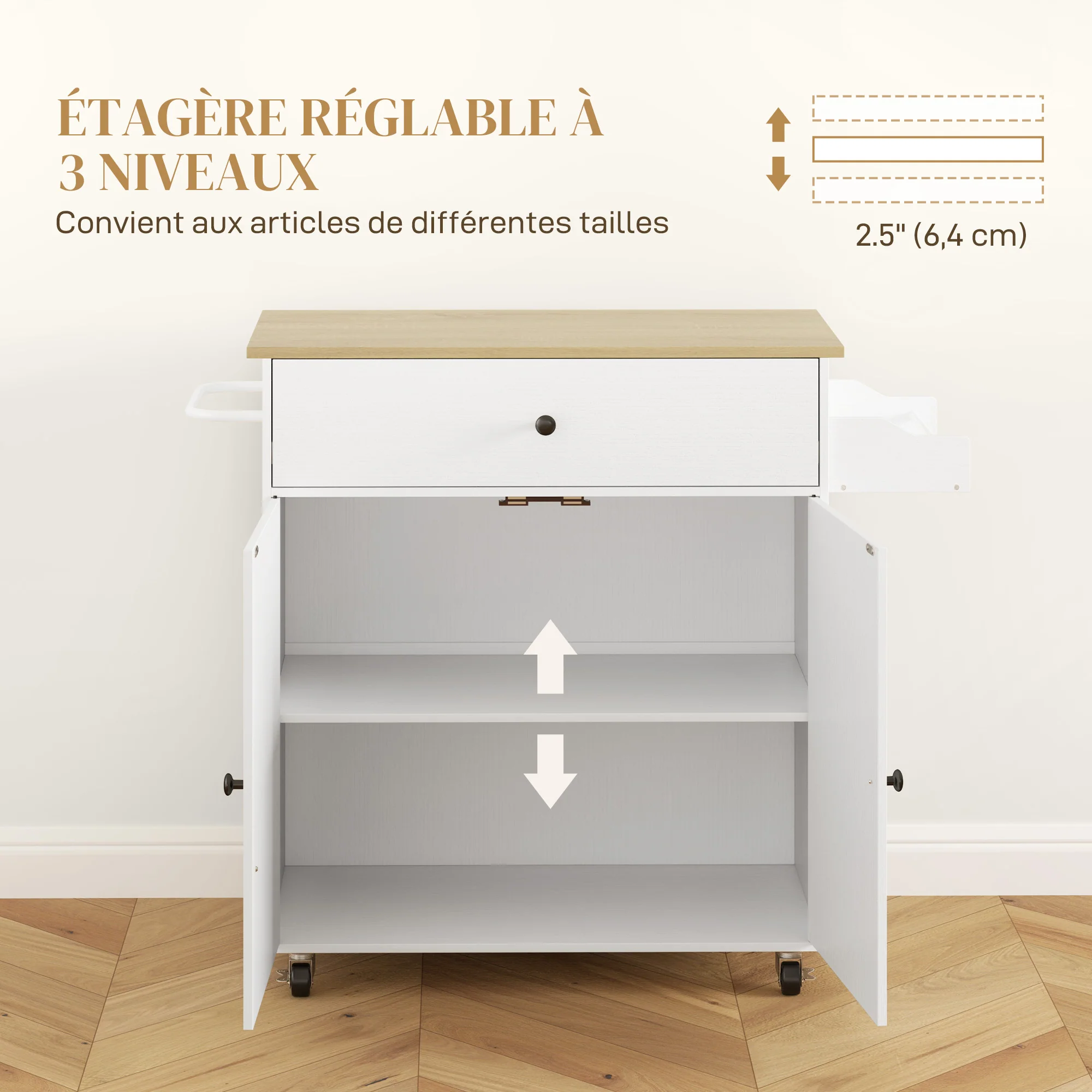 Desserte de cuisine sur roulettes, ?lot central cuisine avec tiroir, étagère réglable, placard à double porte, support à épices et porte-serviette, 106 x 42 x 87 cm, blanc - Image 7