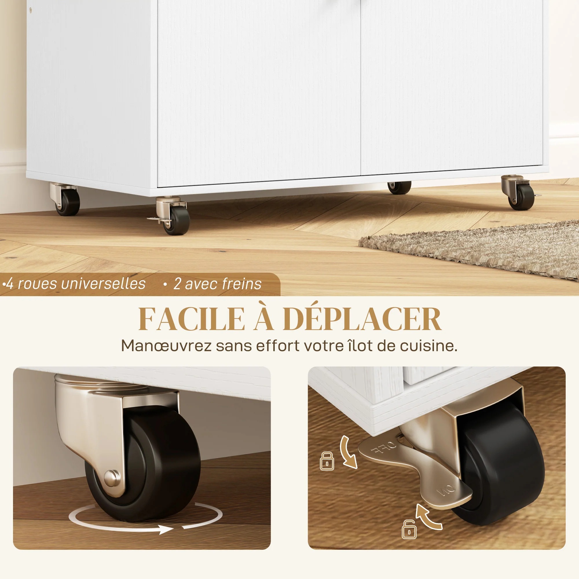Desserte de cuisine sur roulettes, ?lot central cuisine avec tiroir, étagère réglable, placard à double porte, support à épices et porte-serviette, 106 x 42 x 87 cm, blanc - Image 8