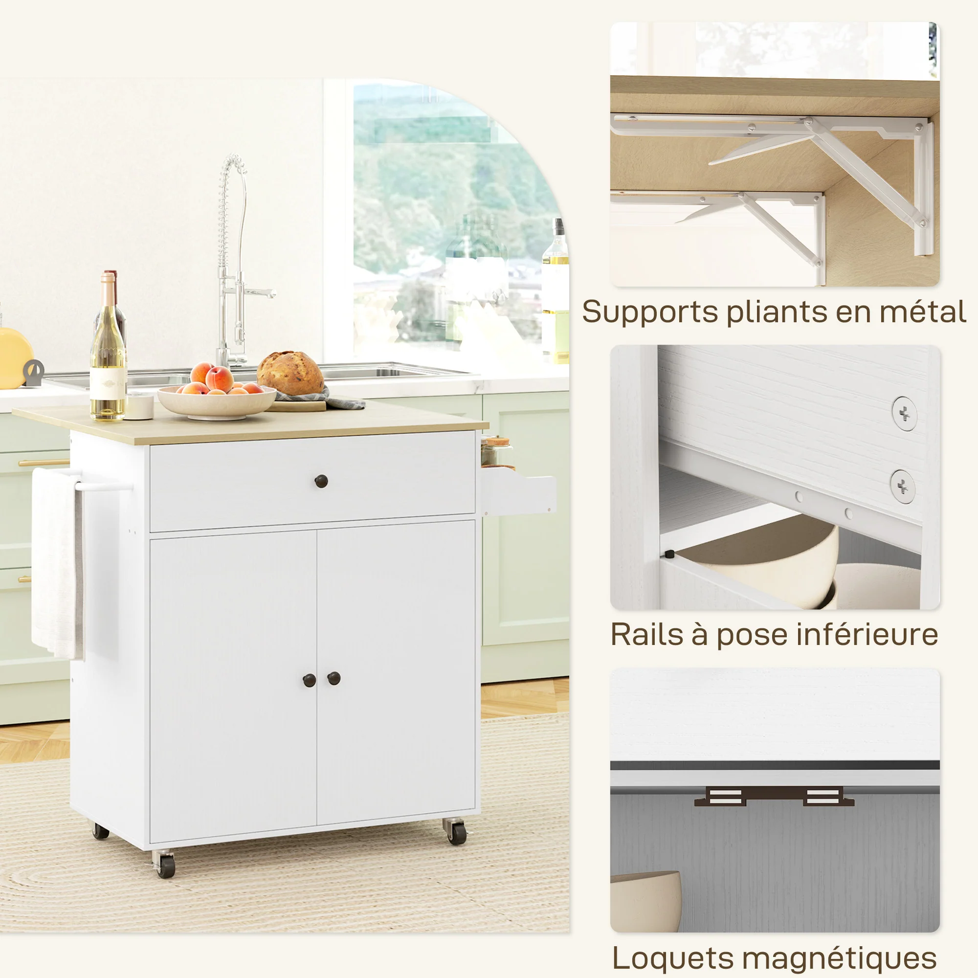 Desserte de cuisine sur roulettes, ?lot central cuisine avec tiroir, étagère réglable, placard à double porte, support à épices et porte-serviette, 106 x 42 x 87 cm, blanc - Image 9