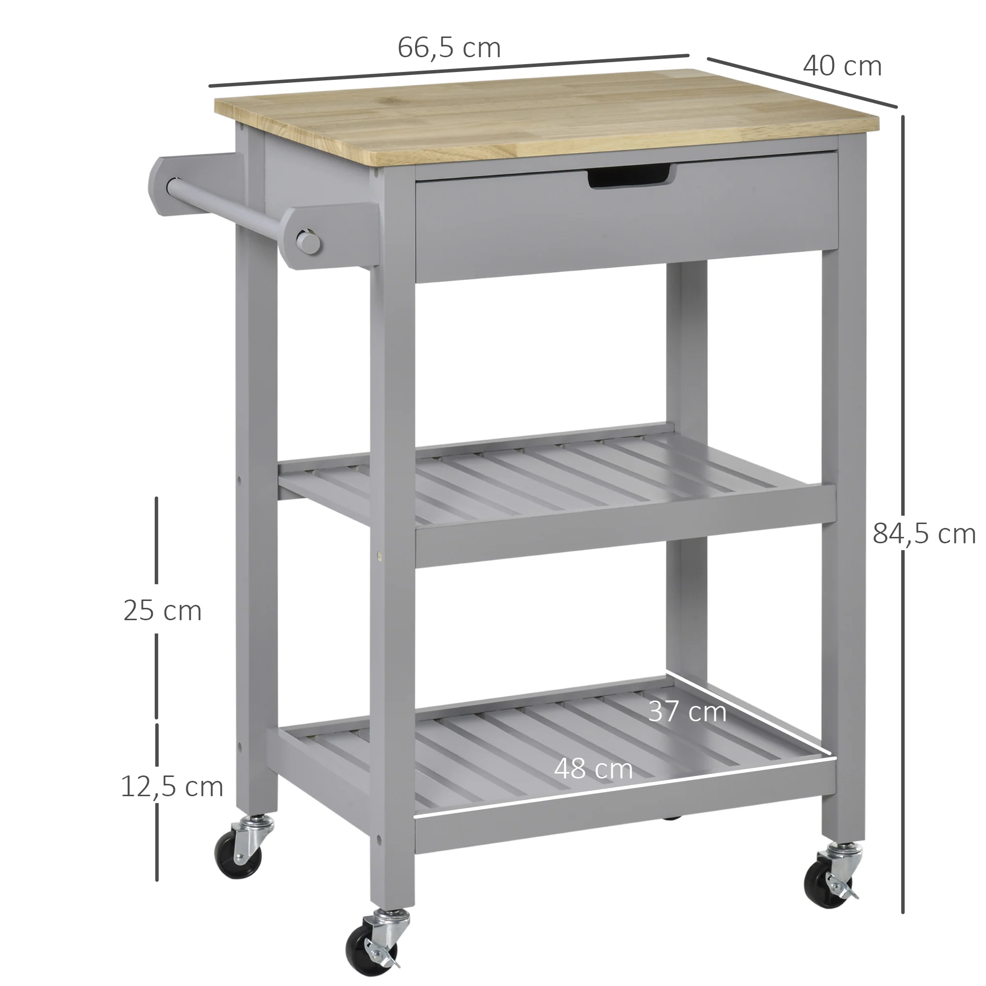 Desserte de service chariot de cuisine à roulettes avec plan de travail en bois hévéa - 2 étagères, 1 tiroir et 1 porte-torchon - Image 4