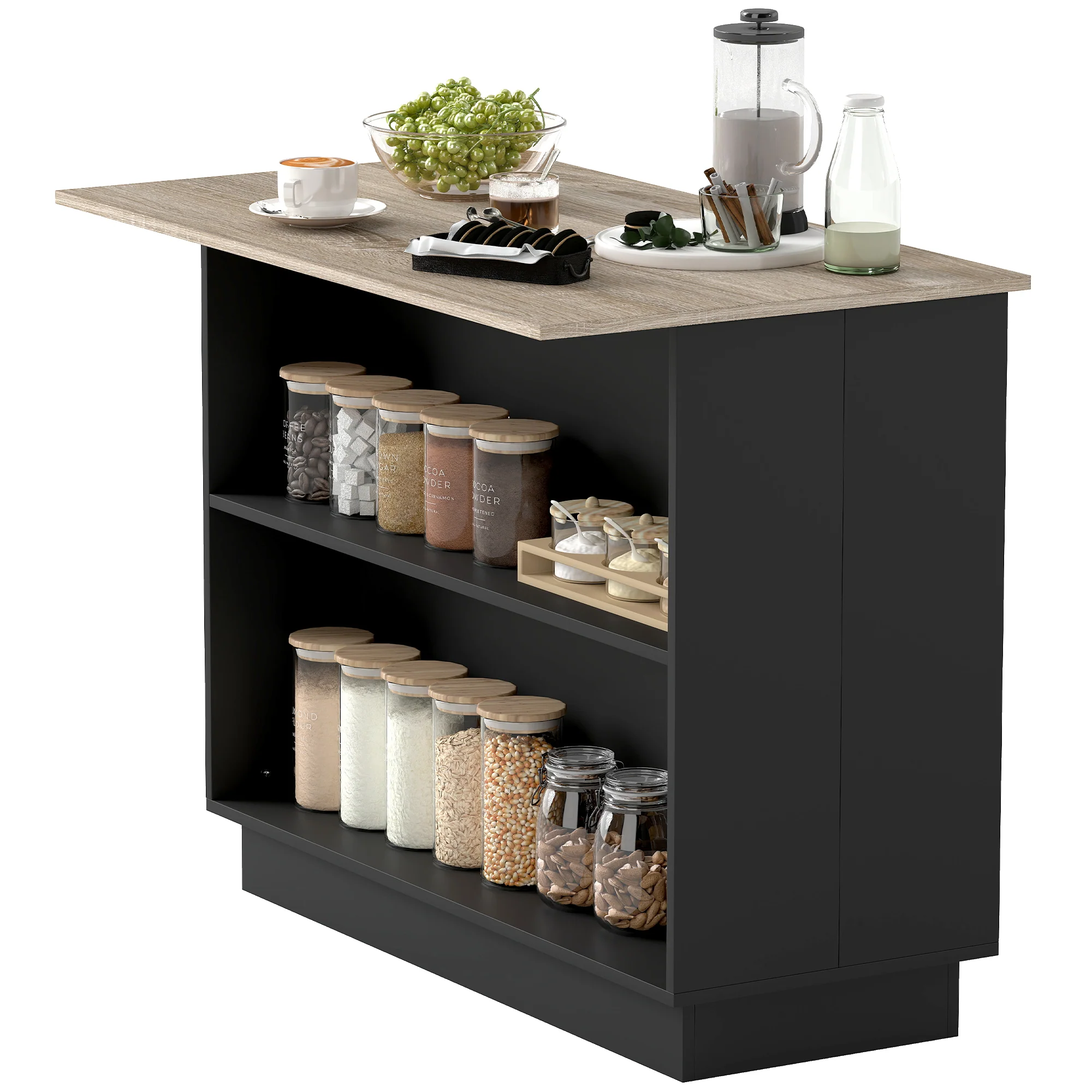 Desserte ?lot de cuisine, meuble de cuisine de service, 105 x 60 cm, étagère réglable, 2 compartiments ouverts, 2 placards, plan de travail effet bois, noir - Image 11