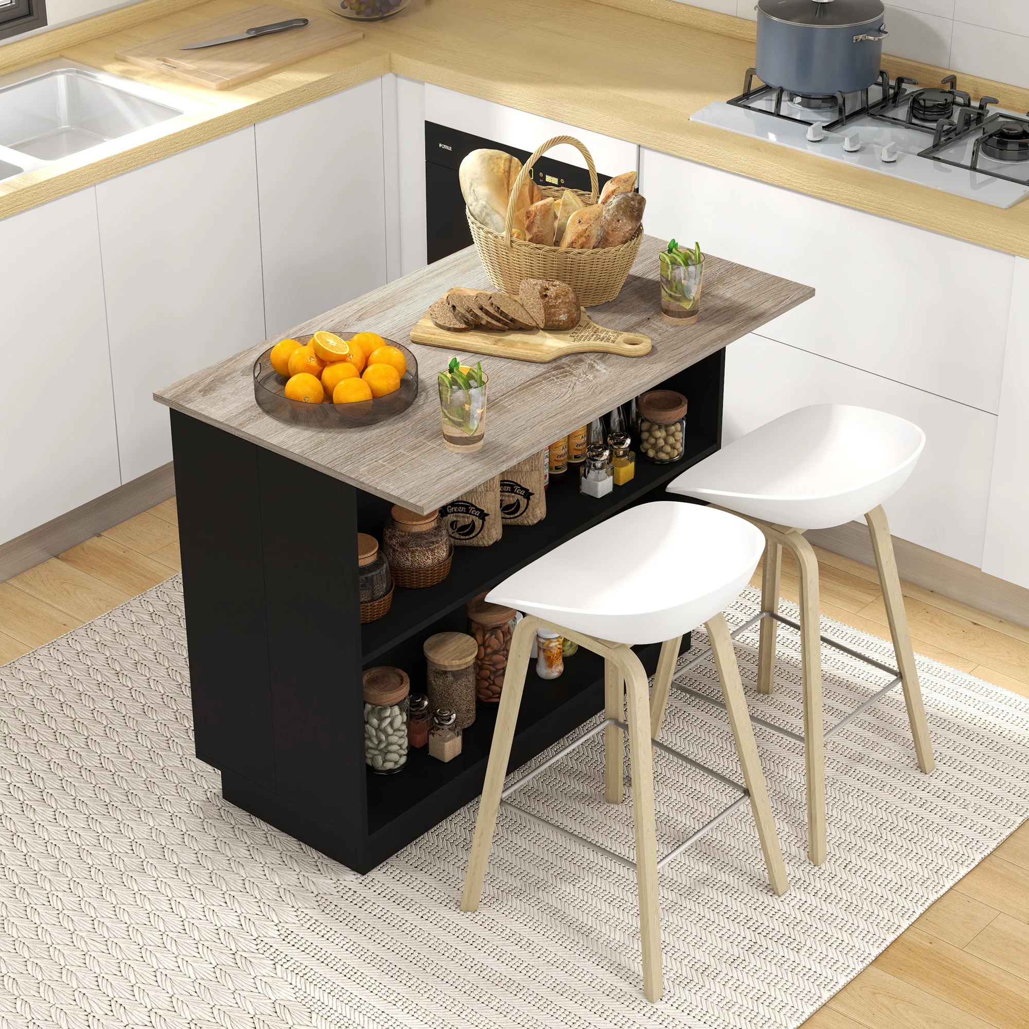 Desserte ?lot de cuisine, meuble de cuisine de service, 105 x 60 cm, étagère réglable, 2 compartiments ouverts, 2 placards, plan de travail effet bois, noir - Image 3
