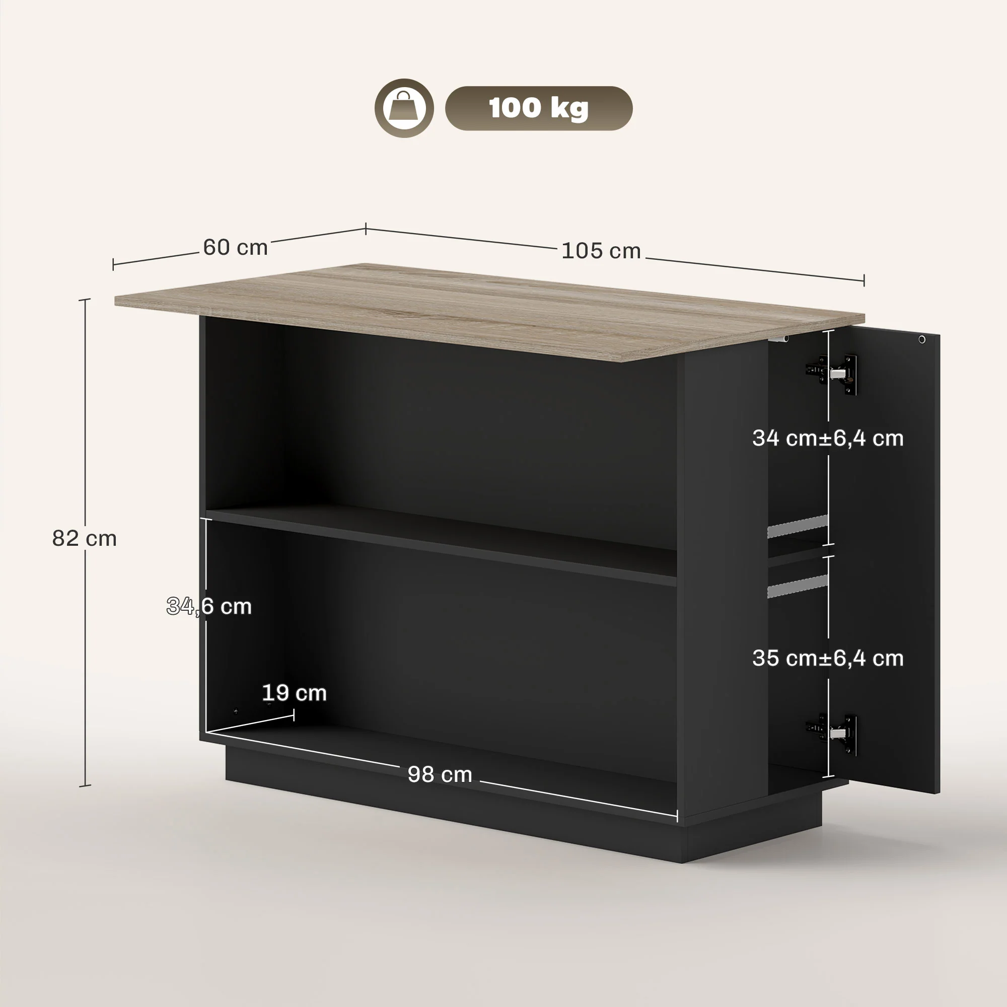 Desserte ?lot de cuisine, meuble de cuisine de service, 105 x 60 cm, étagère réglable, 2 compartiments ouverts, 2 placards, plan de travail effet bois, noir - Image 4