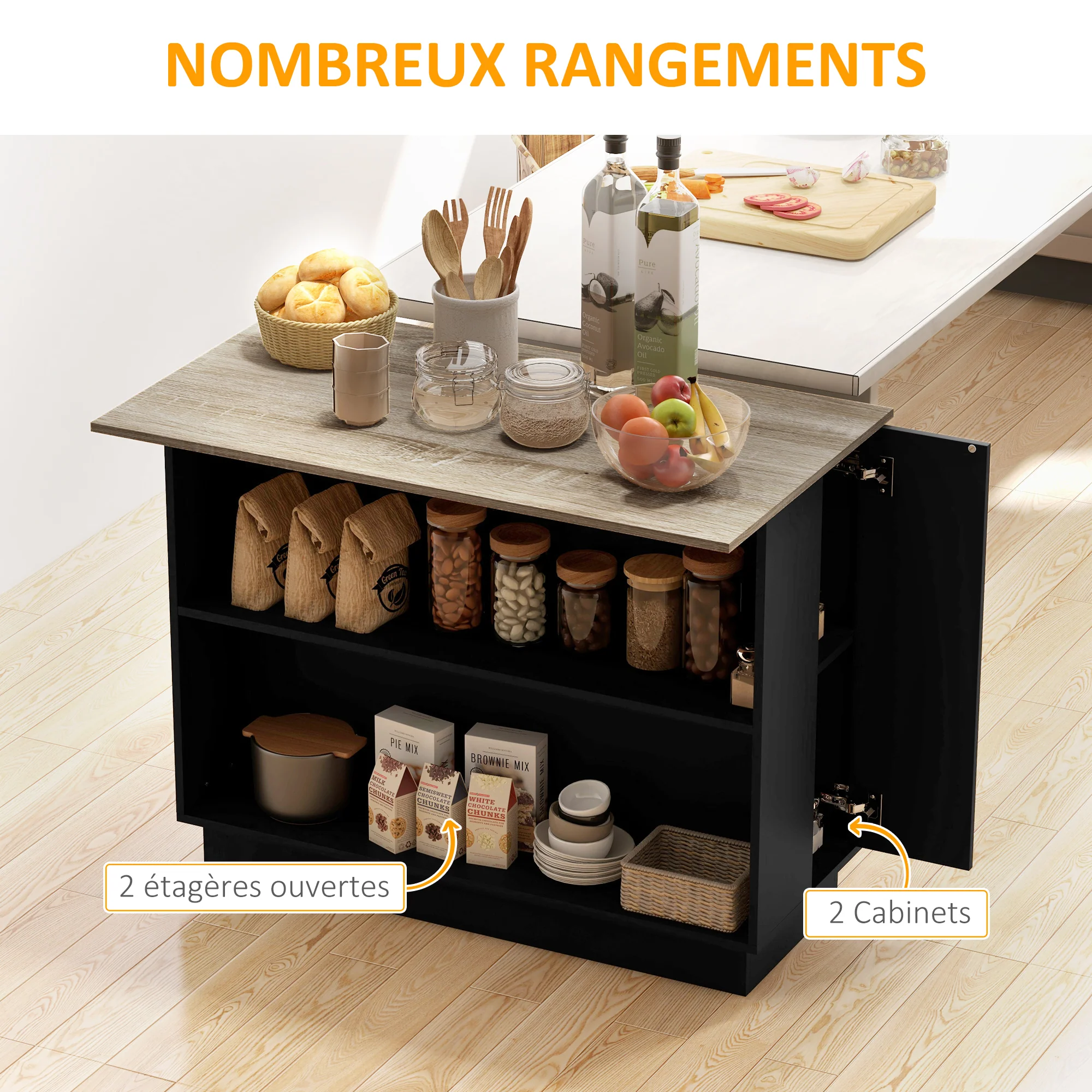 Desserte ?lot de cuisine, meuble de cuisine de service, 105 x 60 cm, étagère réglable, 2 compartiments ouverts, 2 placards, plan de travail effet bois, noir - Image 5