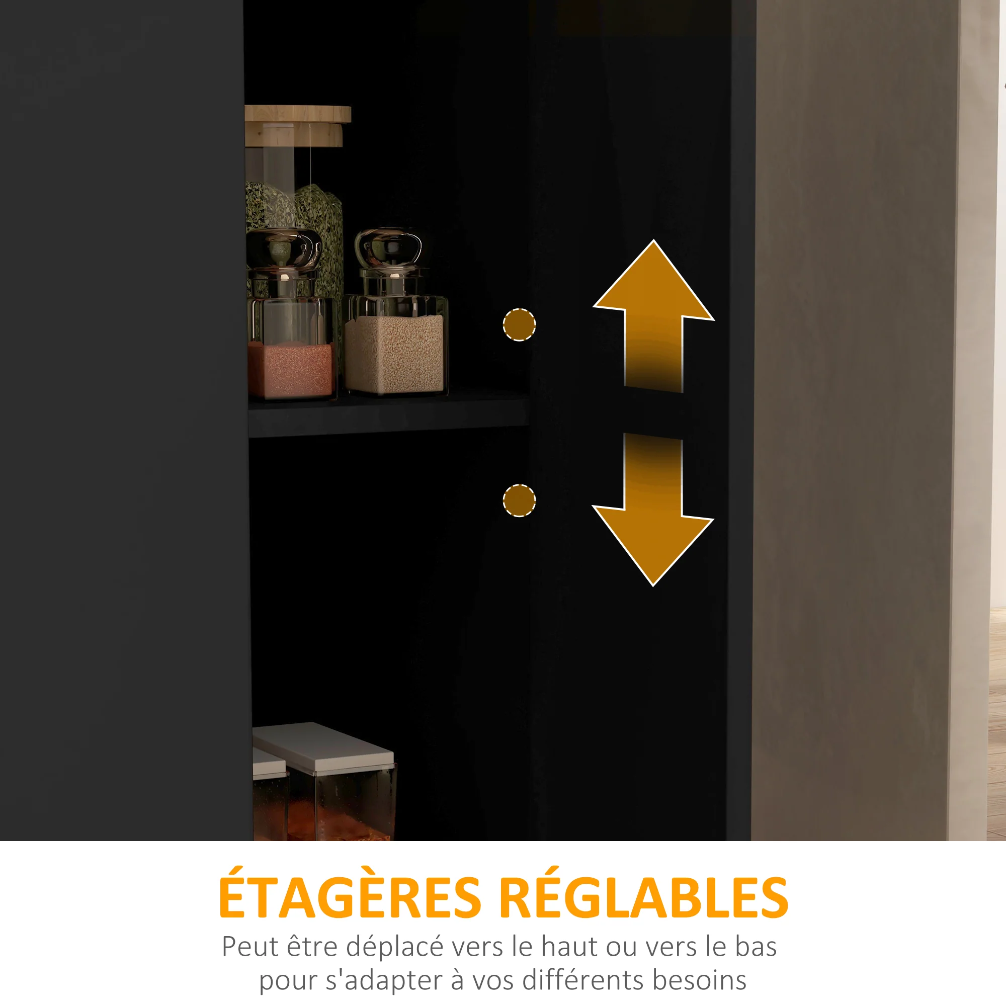 Desserte ?lot de cuisine, meuble de cuisine de service, 105 x 60 cm, étagère réglable, 2 compartiments ouverts, 2 placards, plan de travail effet bois, noir - Image 6
