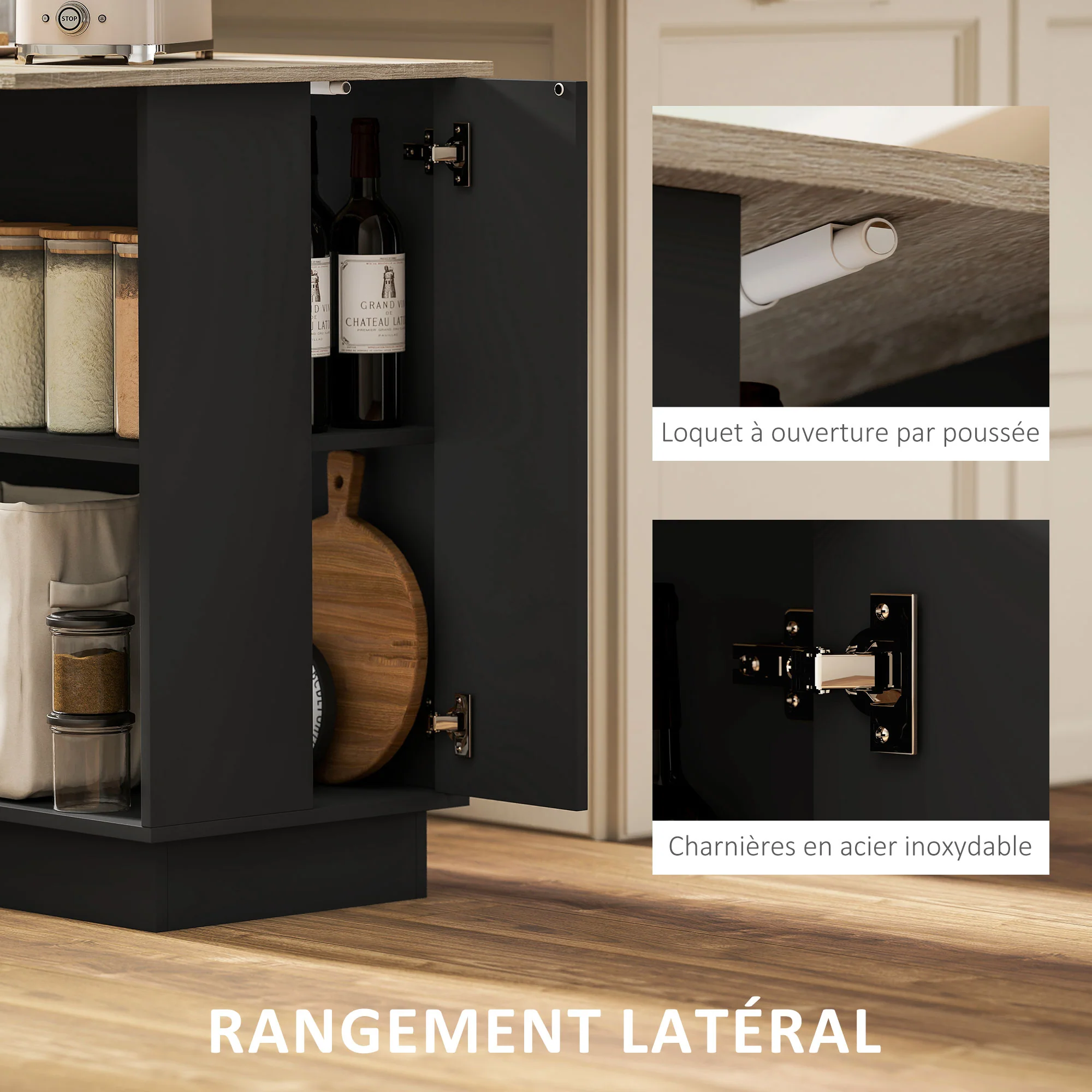 Desserte ?lot de cuisine, meuble de cuisine de service, 105 x 60 cm, étagère réglable, 2 compartiments ouverts, 2 placards, plan de travail effet bois, noir - Image 8