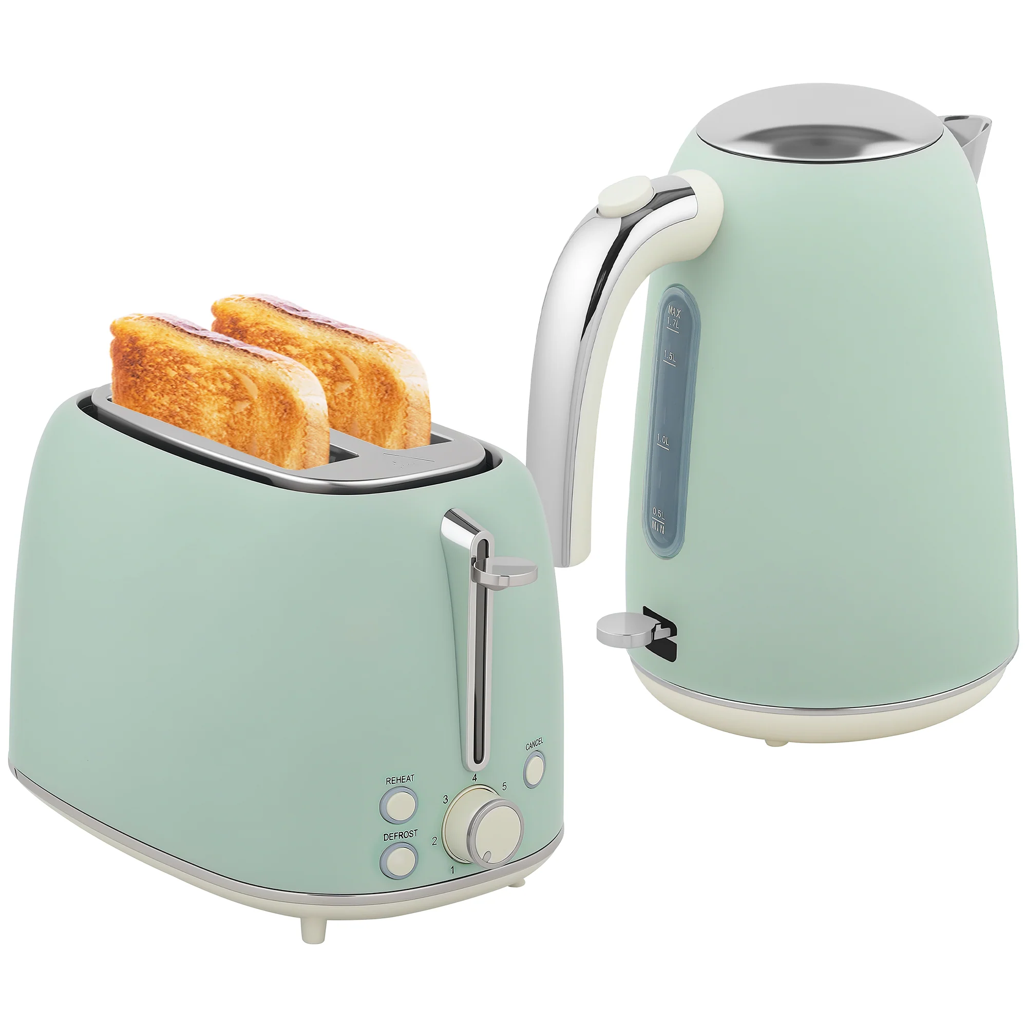 Ensemble bouilloire et grille-pain en inox 2200 W et 1,7 L, grille-pain 2 tranches, 7 niveaux de brunissage, chauffage rapide, thermostat Strix, filtre anticalcaire et plateau à miettes, vert