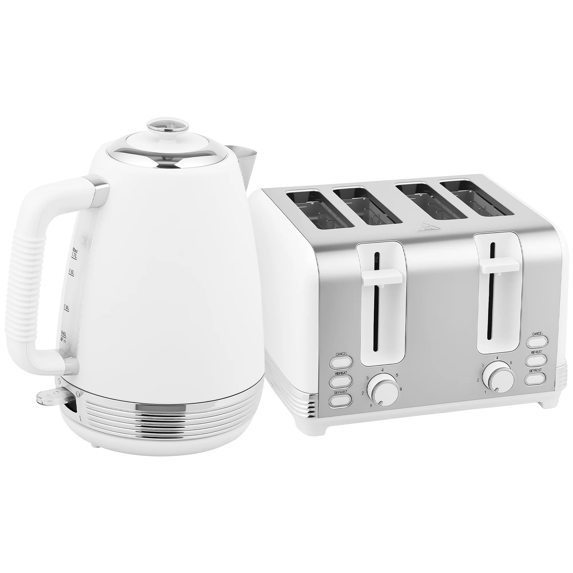 Ensemble bouilloire et grille-pain en inox 2200 W et 1,7 L, grille-pain 4 tranches, 7 niveaux de brunissage, chauffage rapide, thermostat Strix, filtre anticalcaire et plateau à miettes, blanc - Image 2