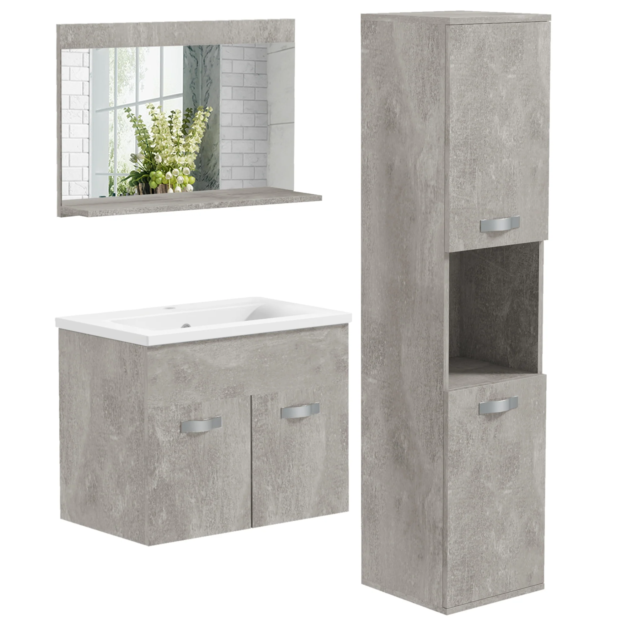 Ensemble de meubles de salle de bain 3 pièces meubles de toilette avec miroir étagère + meuble vasque + meuble colonne suspendus, gris - Image 11