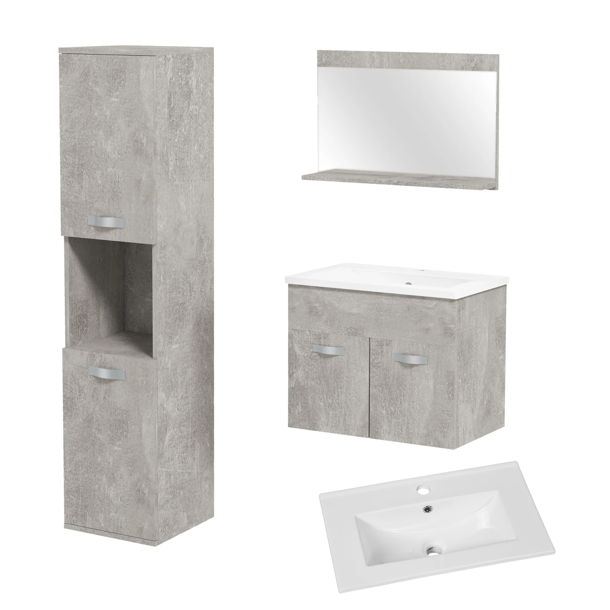 Ensemble de meubles de salle de bain 3 pièces meubles de toilette avec miroir étagère + meuble vasque + meuble colonne suspendus, gris - Image 2