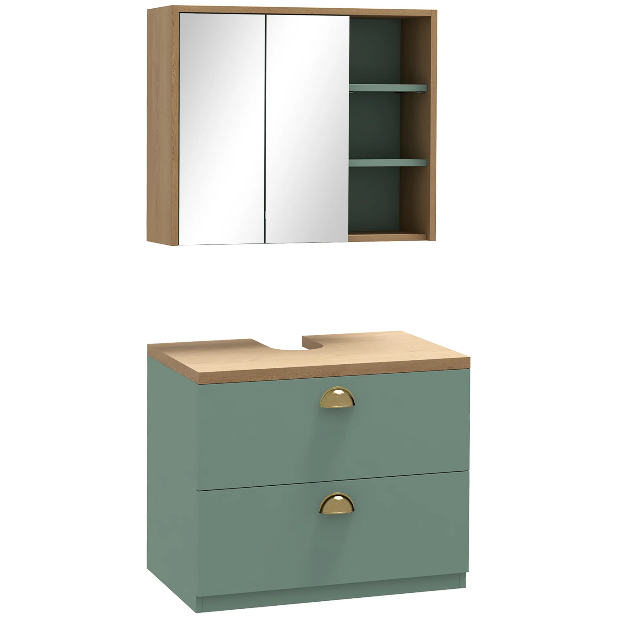 Ensemble de meubles de salle de bain armoire miroir salle de bain + meuble sous lavabo suspendu avec étagères réglables 2 tiroirs design scandinave vert - Image 2