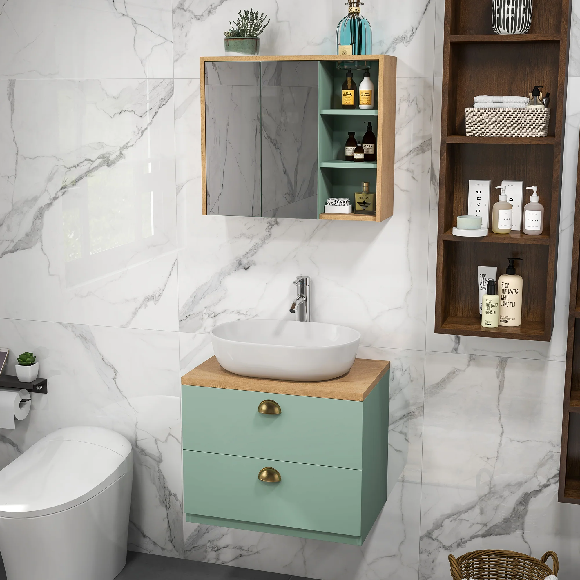 Ensemble de meubles de salle de bain armoire miroir salle de bain + meuble sous lavabo suspendu avec étagères réglables 2 tiroirs design scandinave vert - Image 3