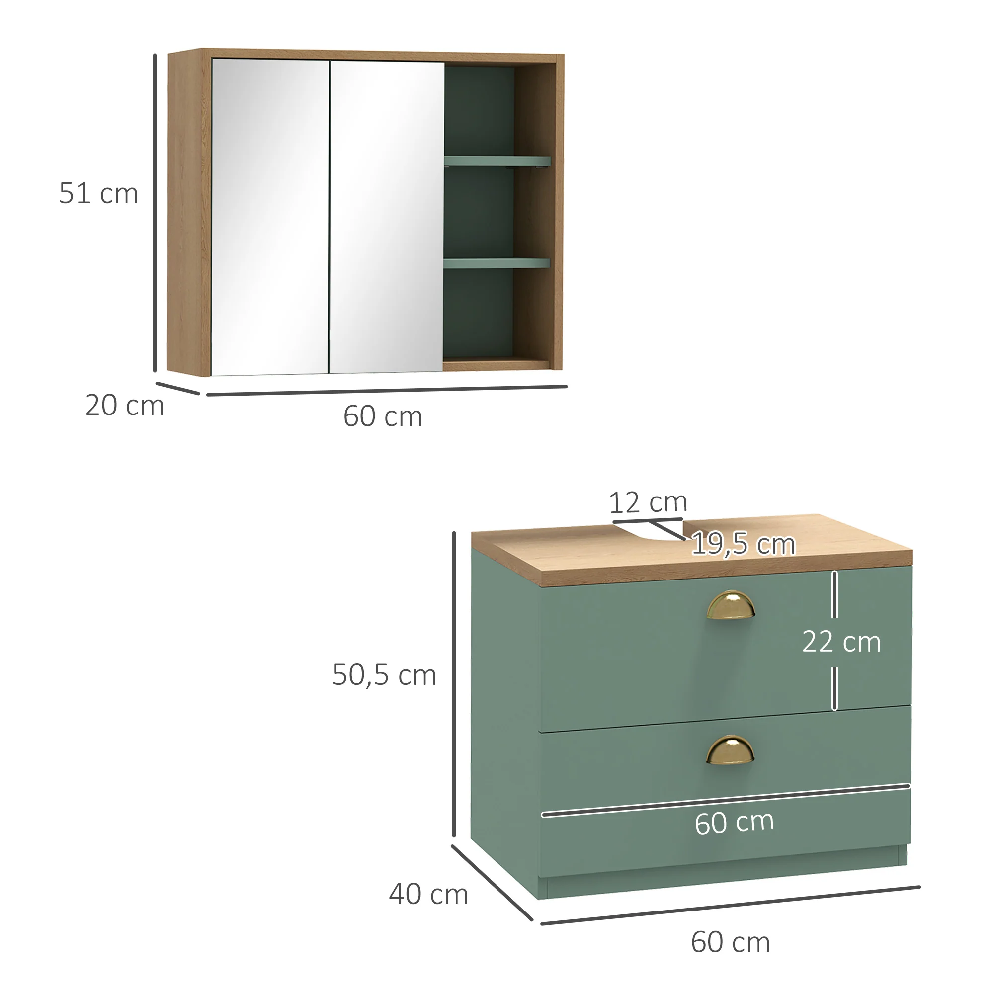 Ensemble de meubles de salle de bain armoire miroir salle de bain + meuble sous lavabo suspendu avec étagères réglables 2 tiroirs design scandinave vert - Image 4