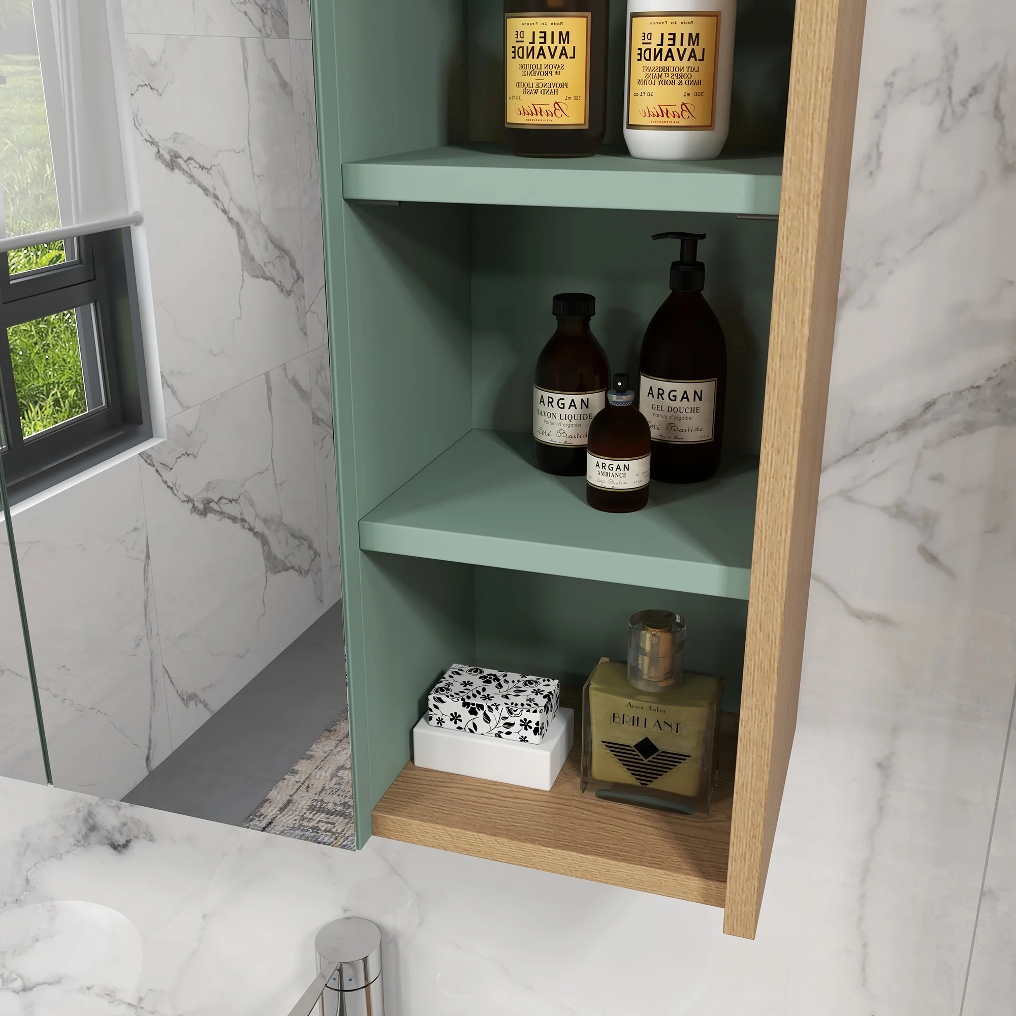 Ensemble de meubles de salle de bain armoire miroir salle de bain + meuble sous lavabo suspendu avec étagères réglables 2 tiroirs design scandinave vert - Image 9
