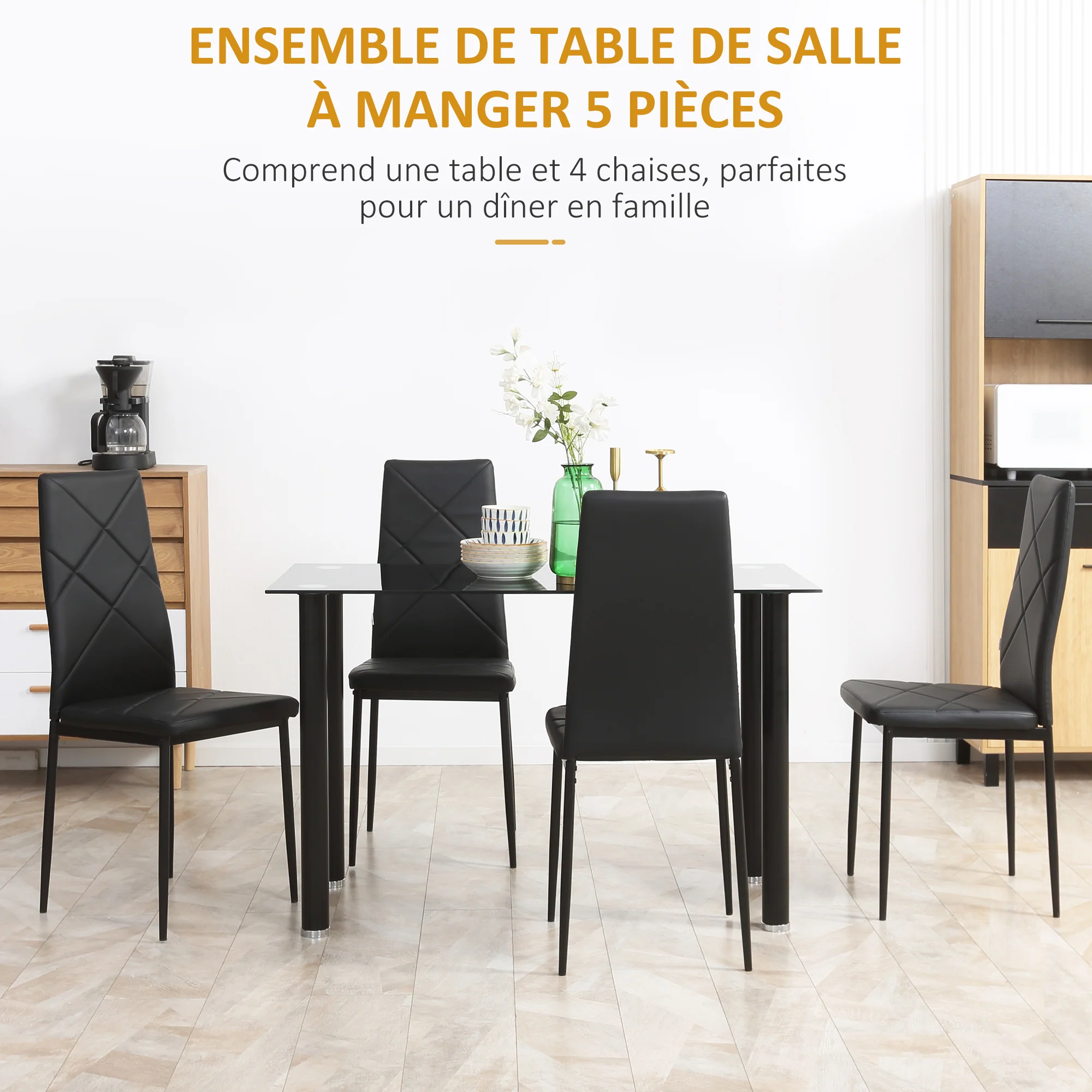 Ensemble de table à manger avec 4 chaises, ensemble de meubles 5 pièces de cuisine, plateau en verre trempé, pieds en acier, noir - Image 5
