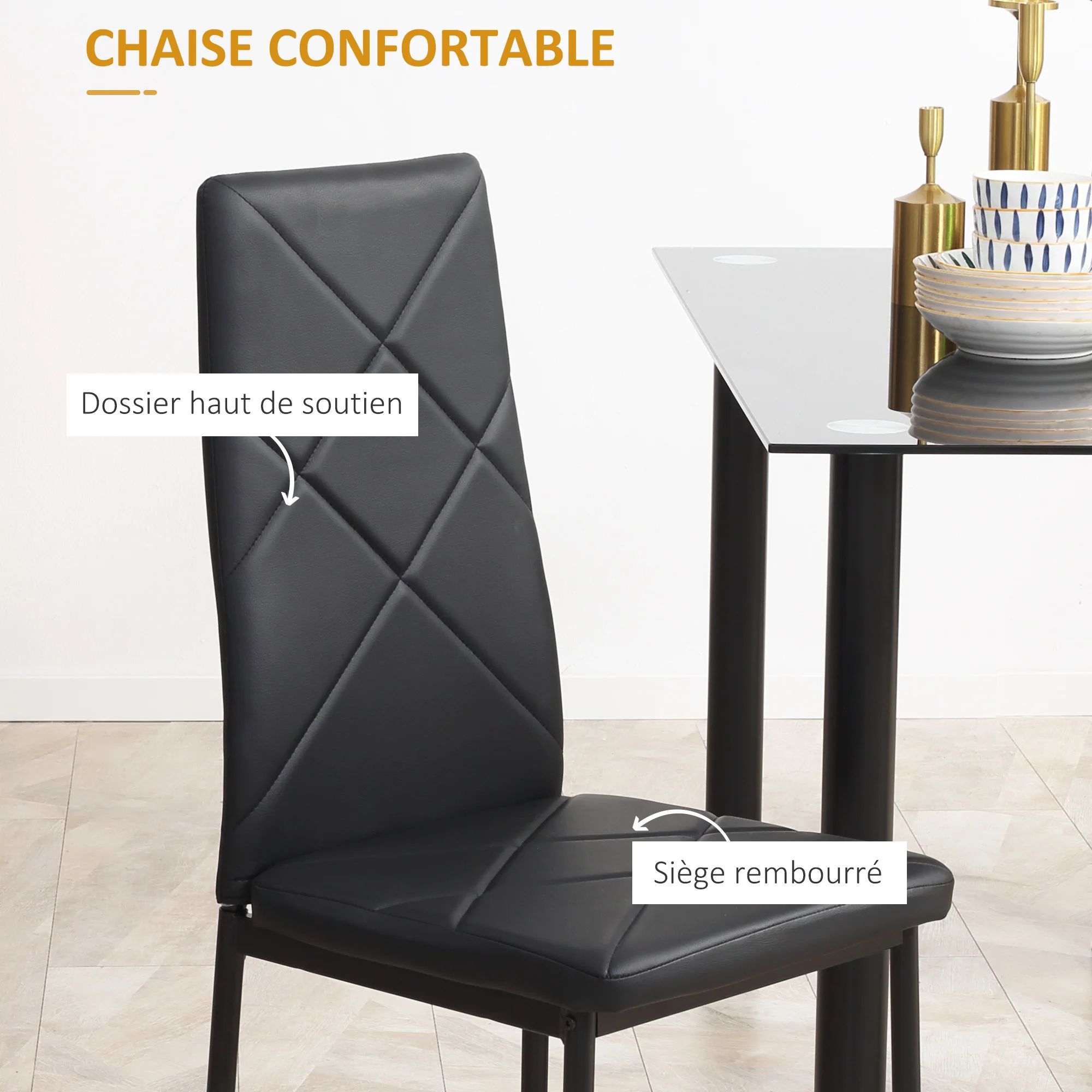 Ensemble de table à manger avec 4 chaises, ensemble de meubles 5 pièces de cuisine, plateau en verre trempé, pieds en acier, noir - Image 6
