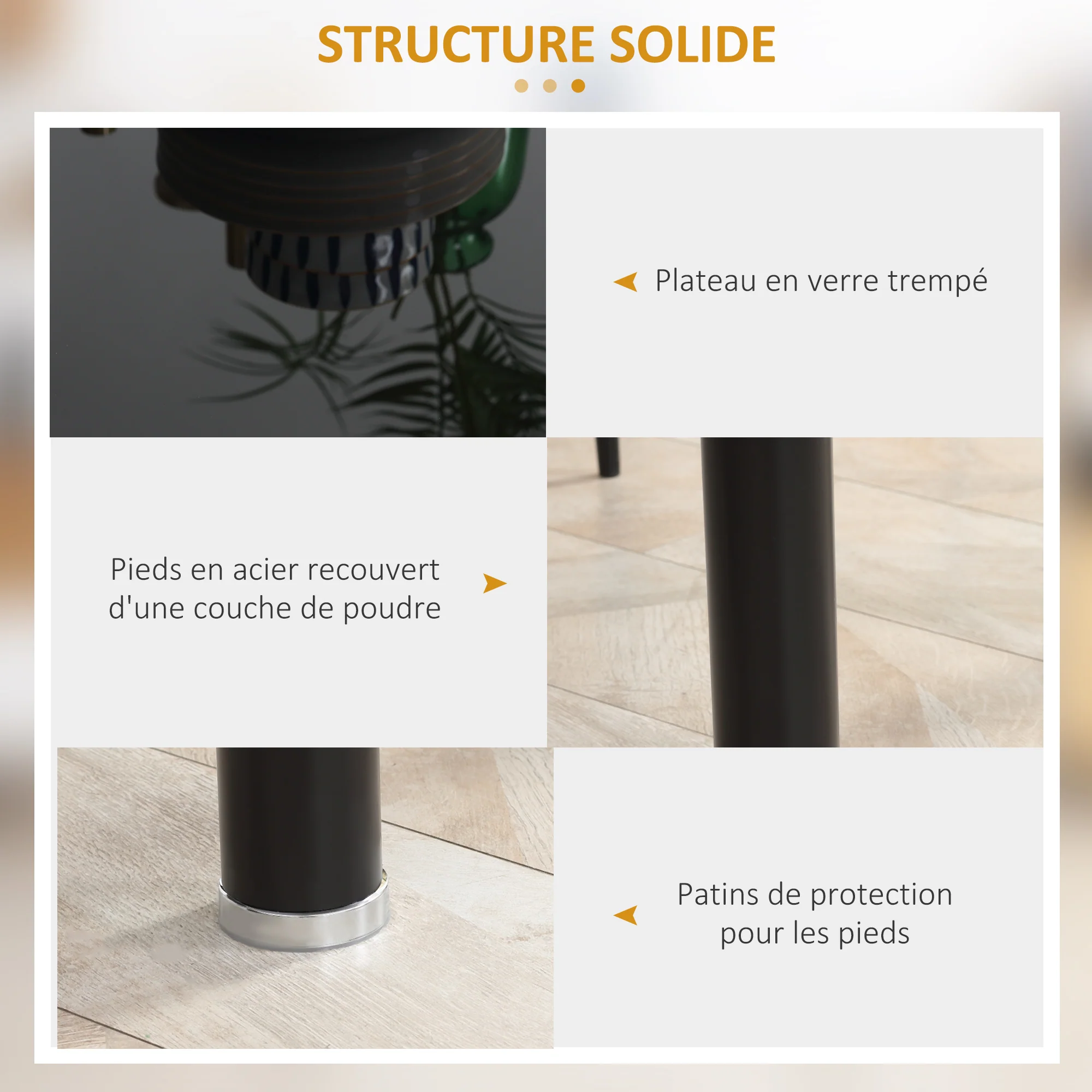 Ensemble de table à manger avec 4 chaises, ensemble de meubles 5 pièces de cuisine, plateau en verre trempé, pieds en acier, noir - Image 8