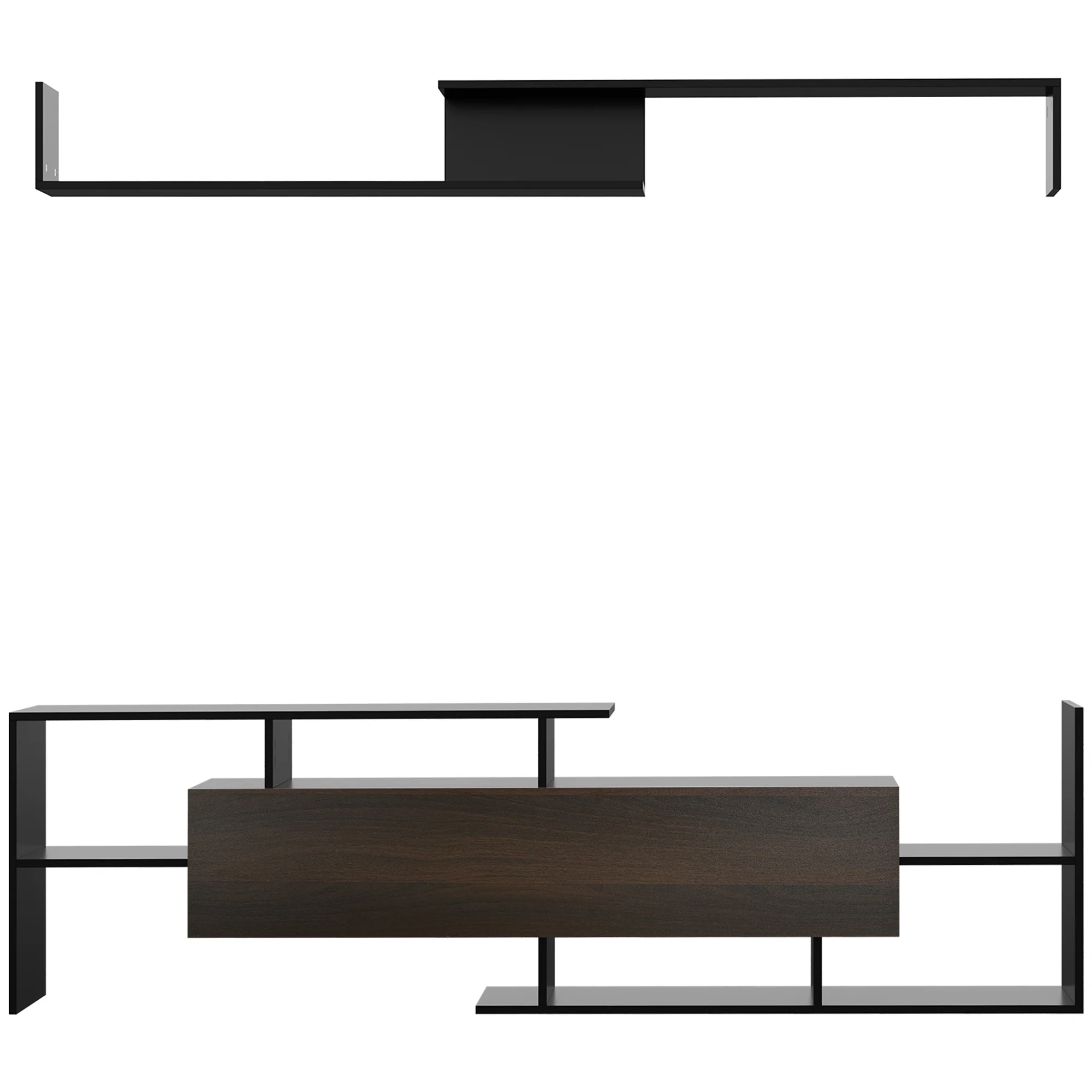 Ensemble meuble TV avec banc et étagère murale style contemporain 153,6L cm - noir