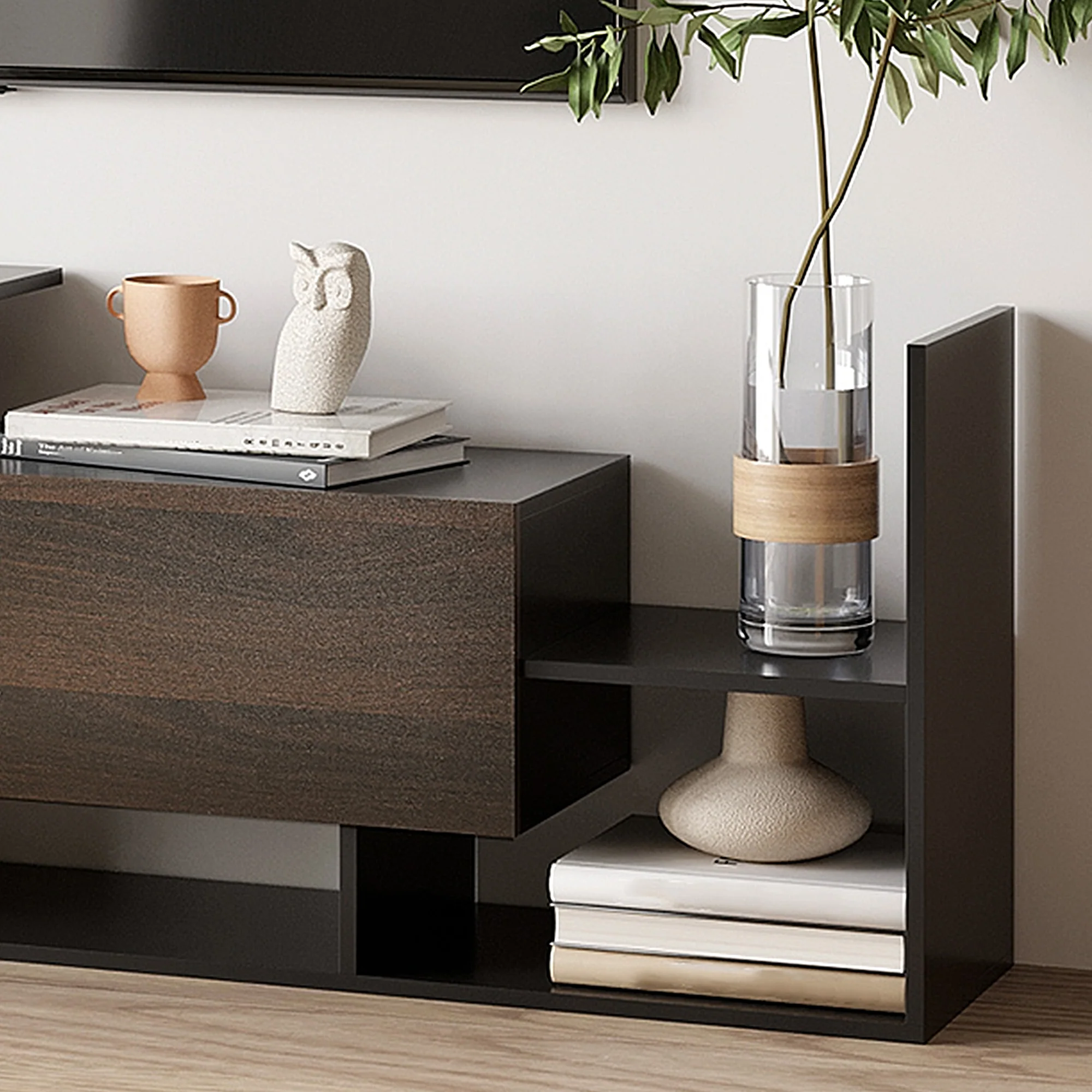 Ensemble meuble TV avec banc et étagère murale style contemporain 153,6L cm - noir - Image 10