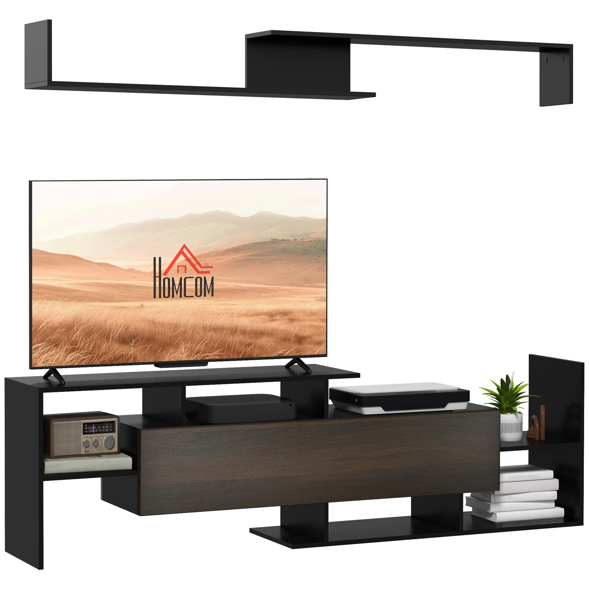 Ensemble meuble TV avec banc et étagère murale style contemporain 153,6L cm - noir - Image 11