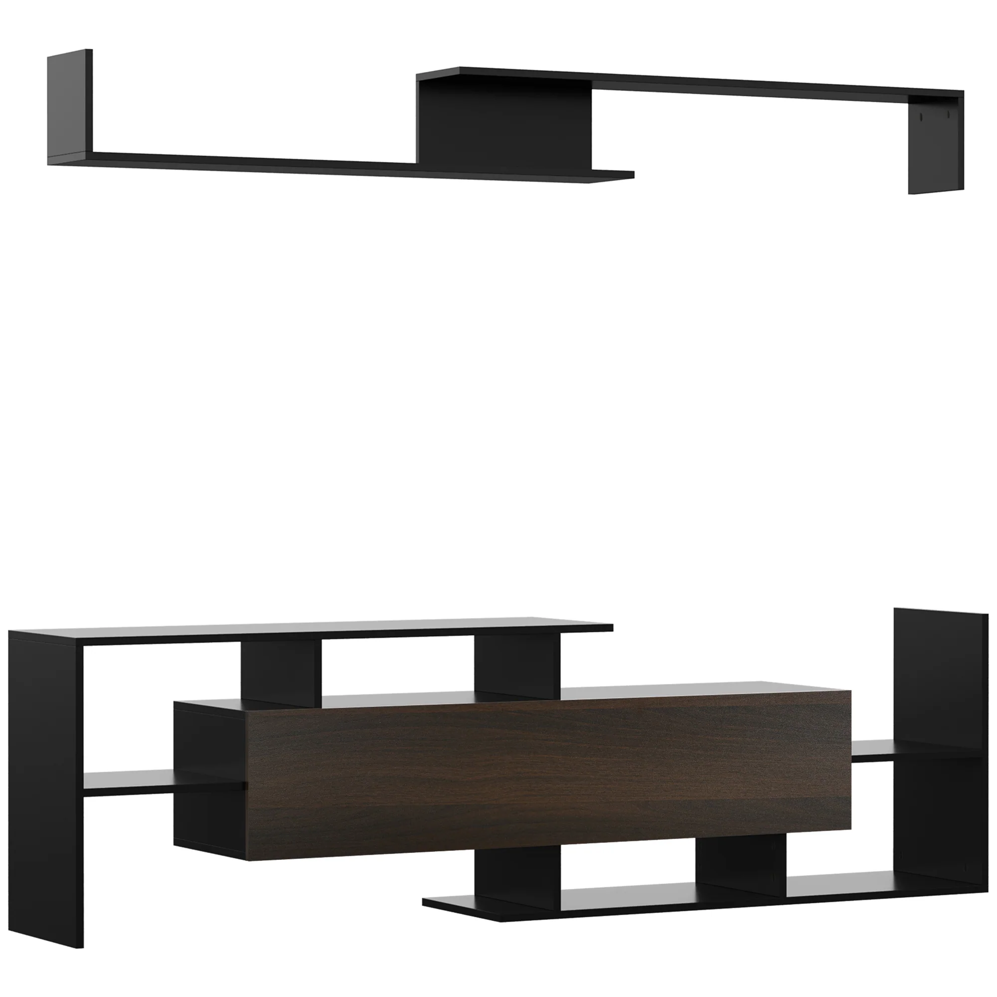 Ensemble meuble TV avec banc et étagère murale style contemporain 153,6L cm - noir - Image 2