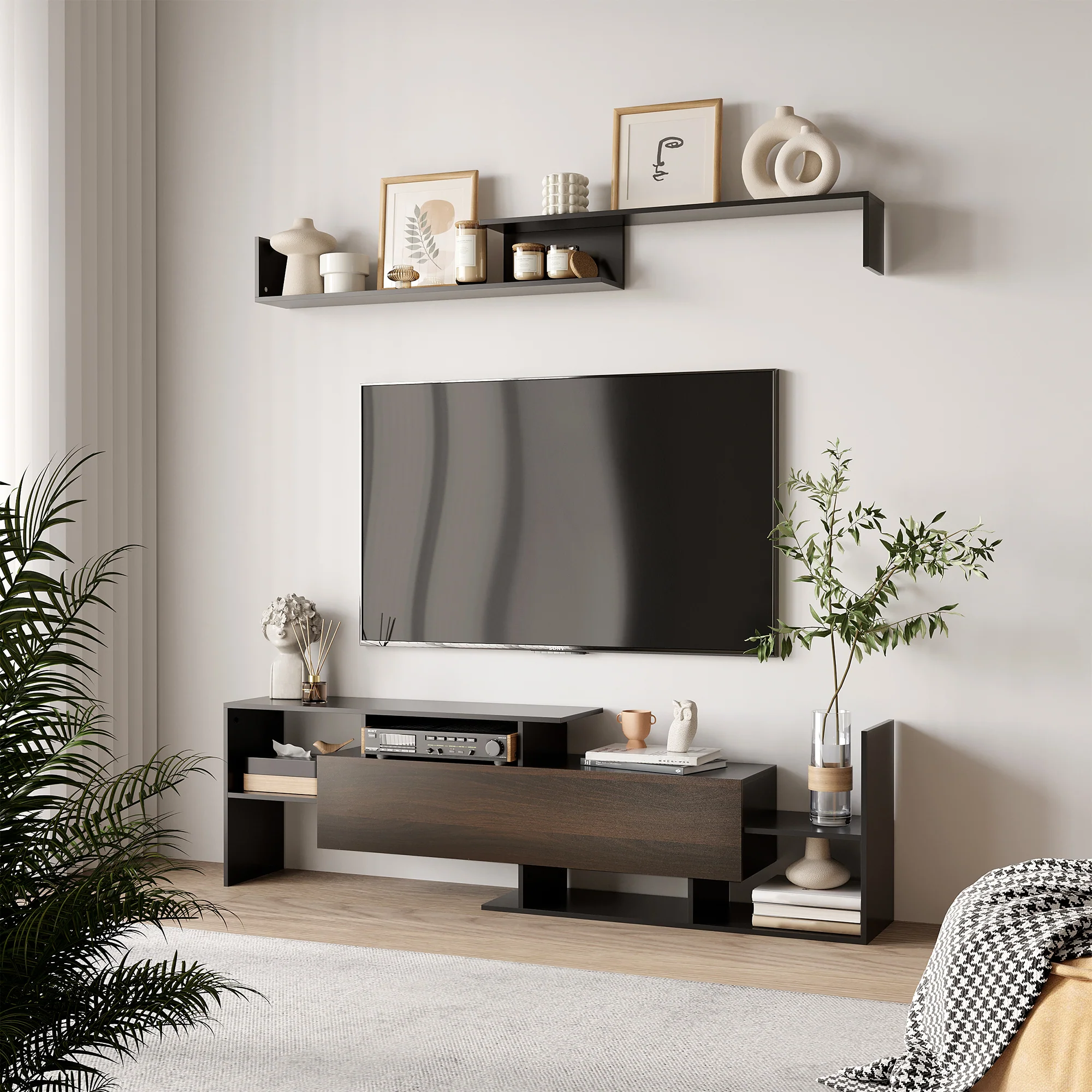 Ensemble meuble TV avec banc et étagère murale style contemporain 153,6L cm - noir - Image 3