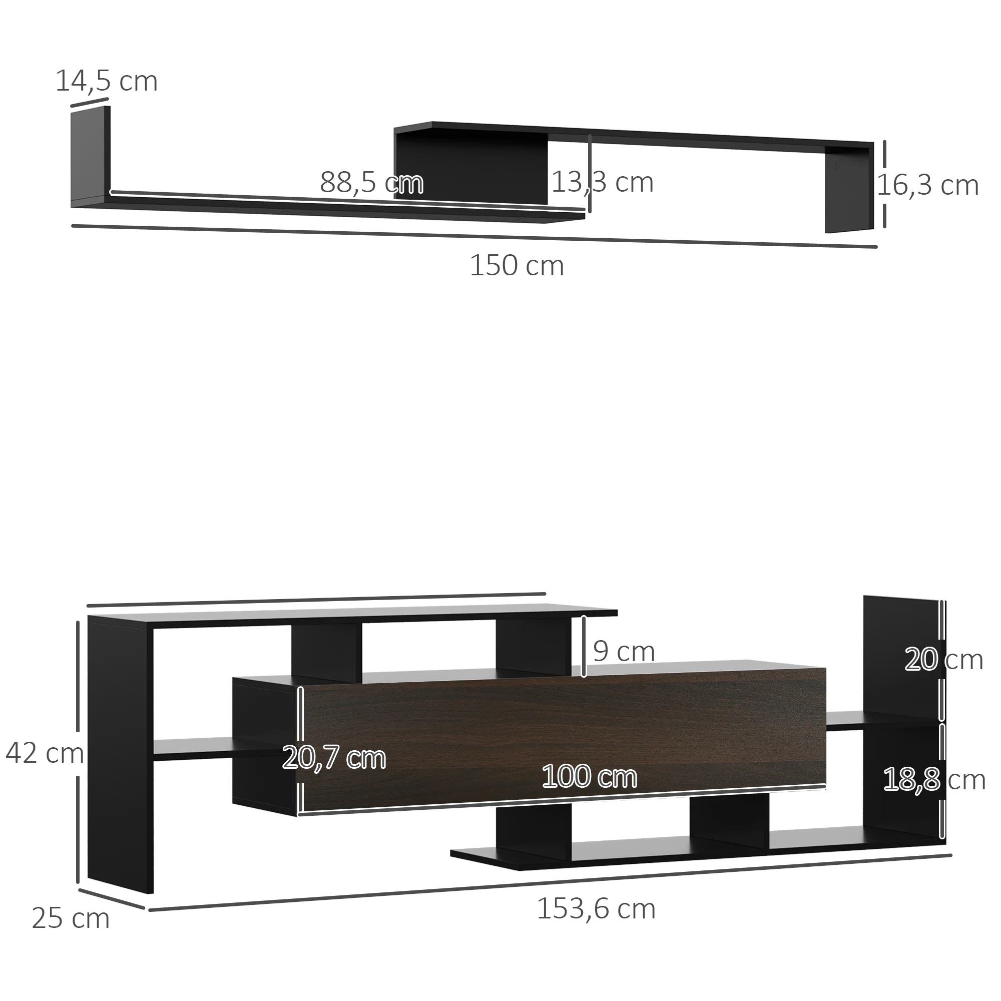 Ensemble meuble TV avec banc et étagère murale style contemporain 153,6L cm - noir - Image 4