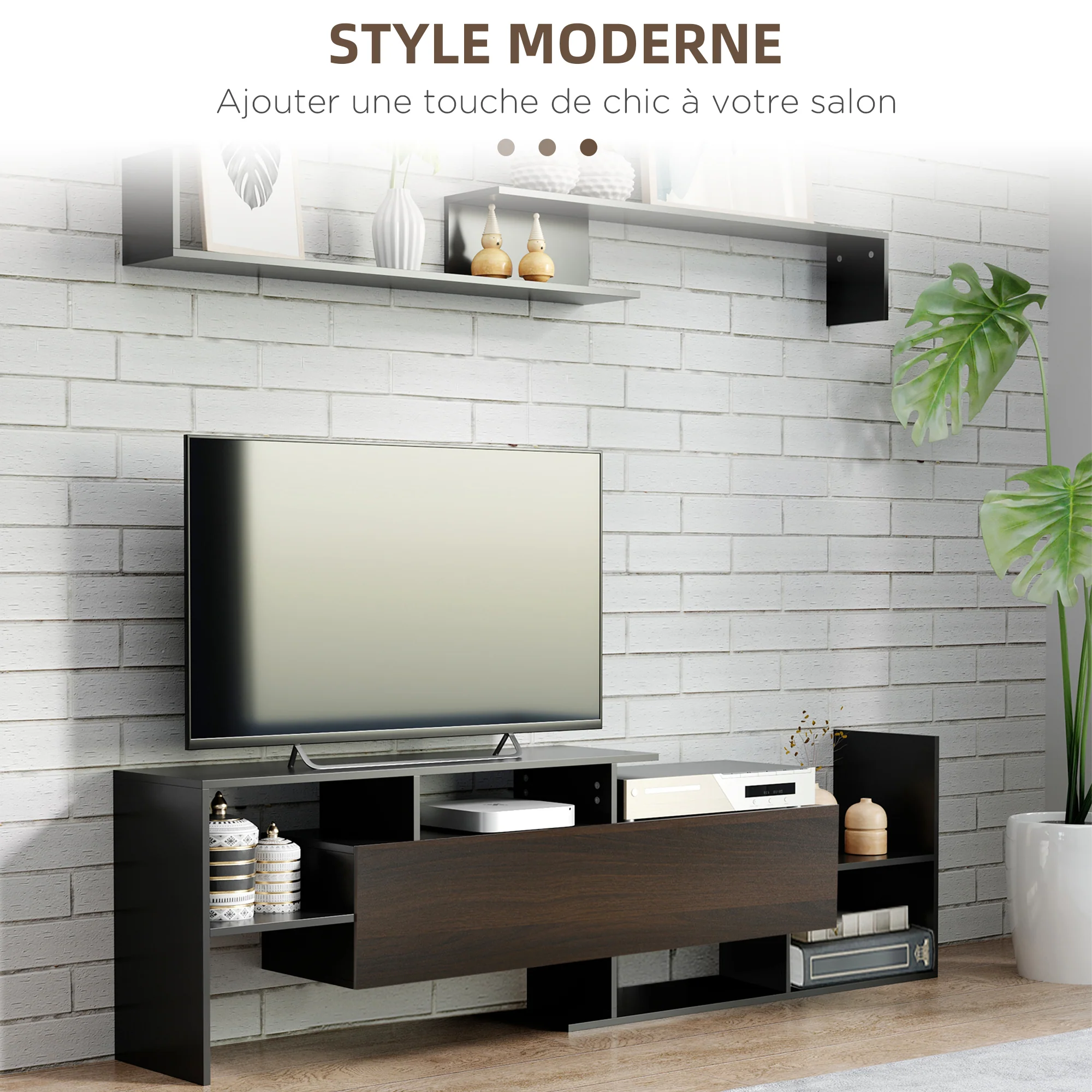 Ensemble meuble TV avec banc et étagère murale style contemporain 153,6L cm - noir - Image 5