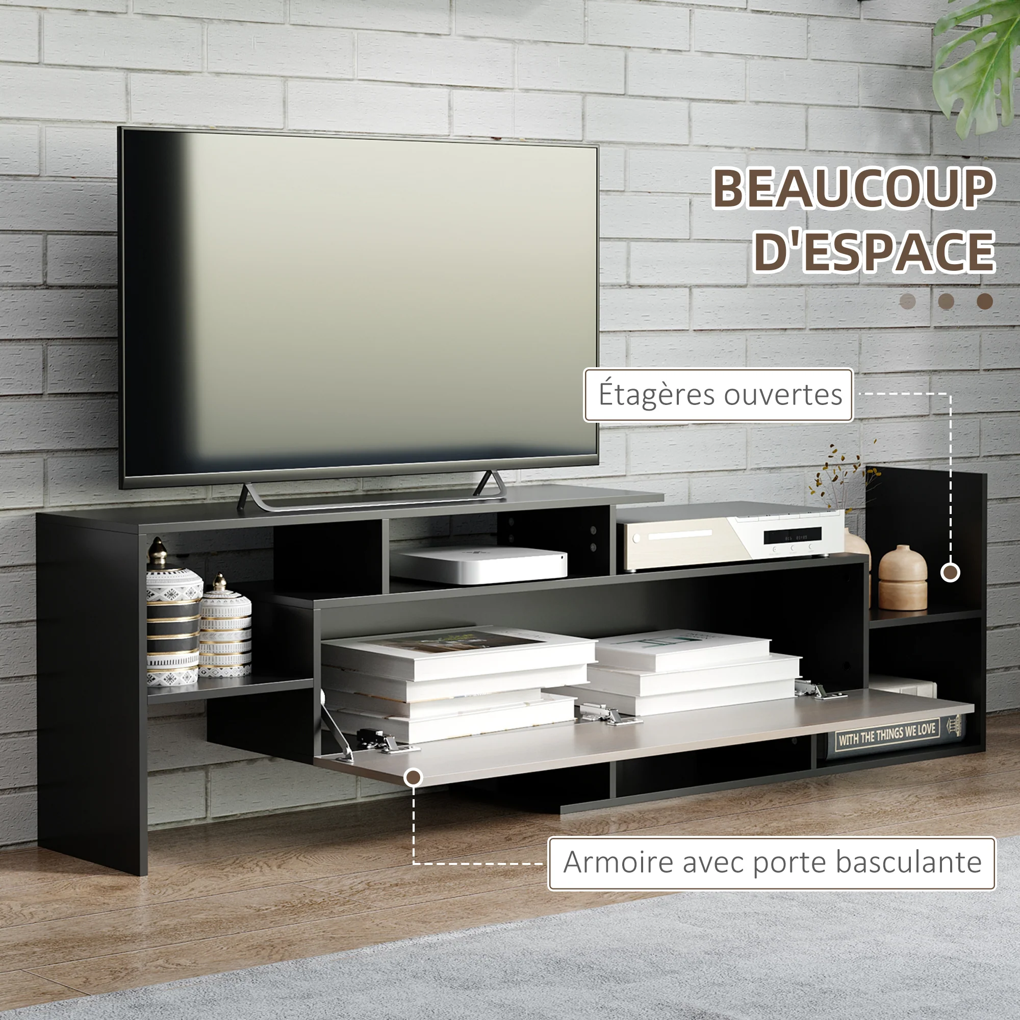 Ensemble meuble TV avec banc et étagère murale style contemporain 153,6L cm - noir - Image 6