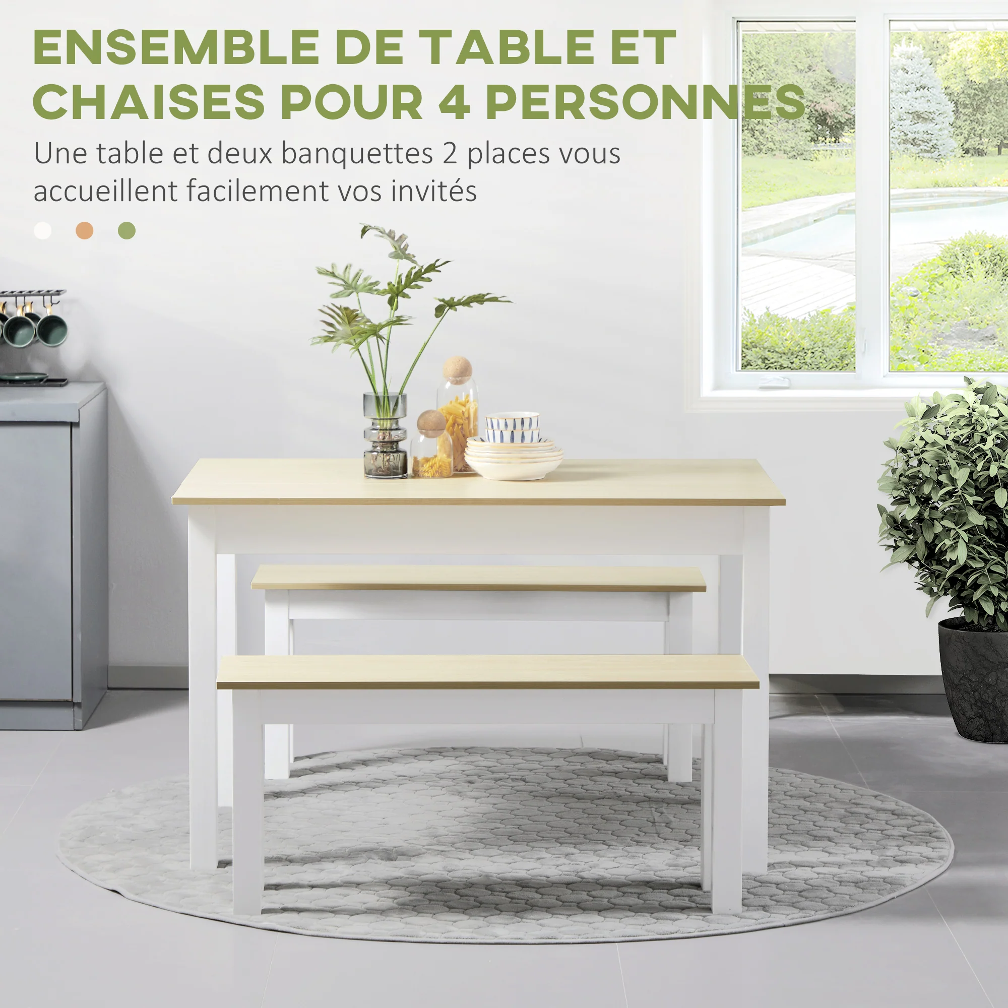 Ensemble table à manger 3 pièces avec 2 bancs encastrables pour 4-6 personnes style contemporain - cuisine salle à manger salon - panneaux de particules - Image 5