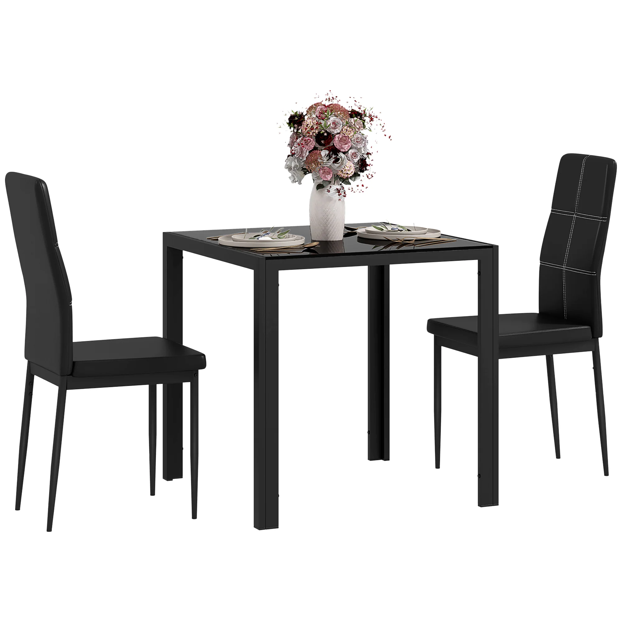 Ensemble table à manger et chaises pour 2 personnes, table de cuisine avec chaises, plateau rectangulaire en verre, structure en métal, pour cuisine salon maison, noir - Image 11