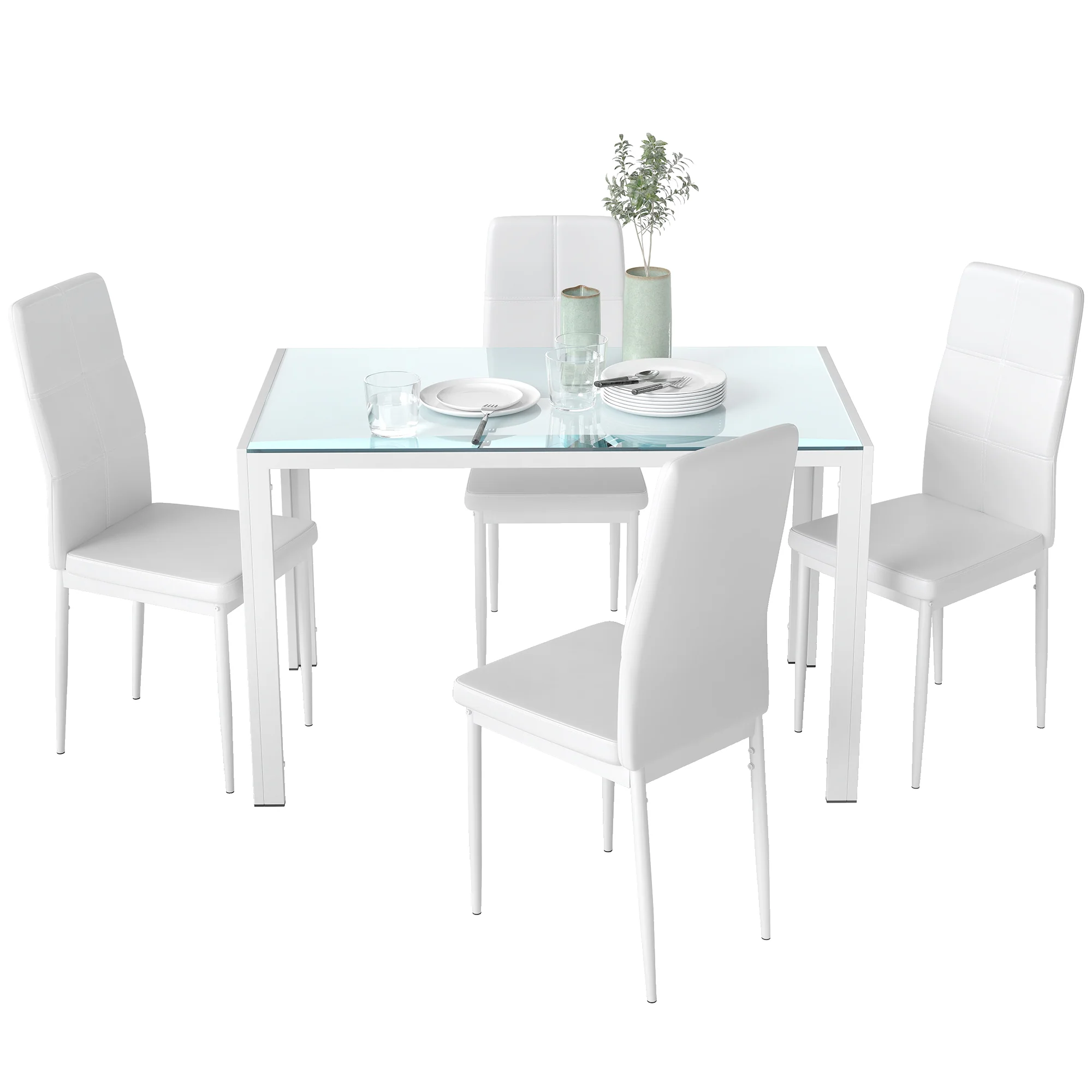 Ensemble table à manger et chaises pour 4 personnes, table de cuisine avec chaises, plateau rectangulaire en verre, structure en métal, pour cuisine salon maison, blanc - Image 11
