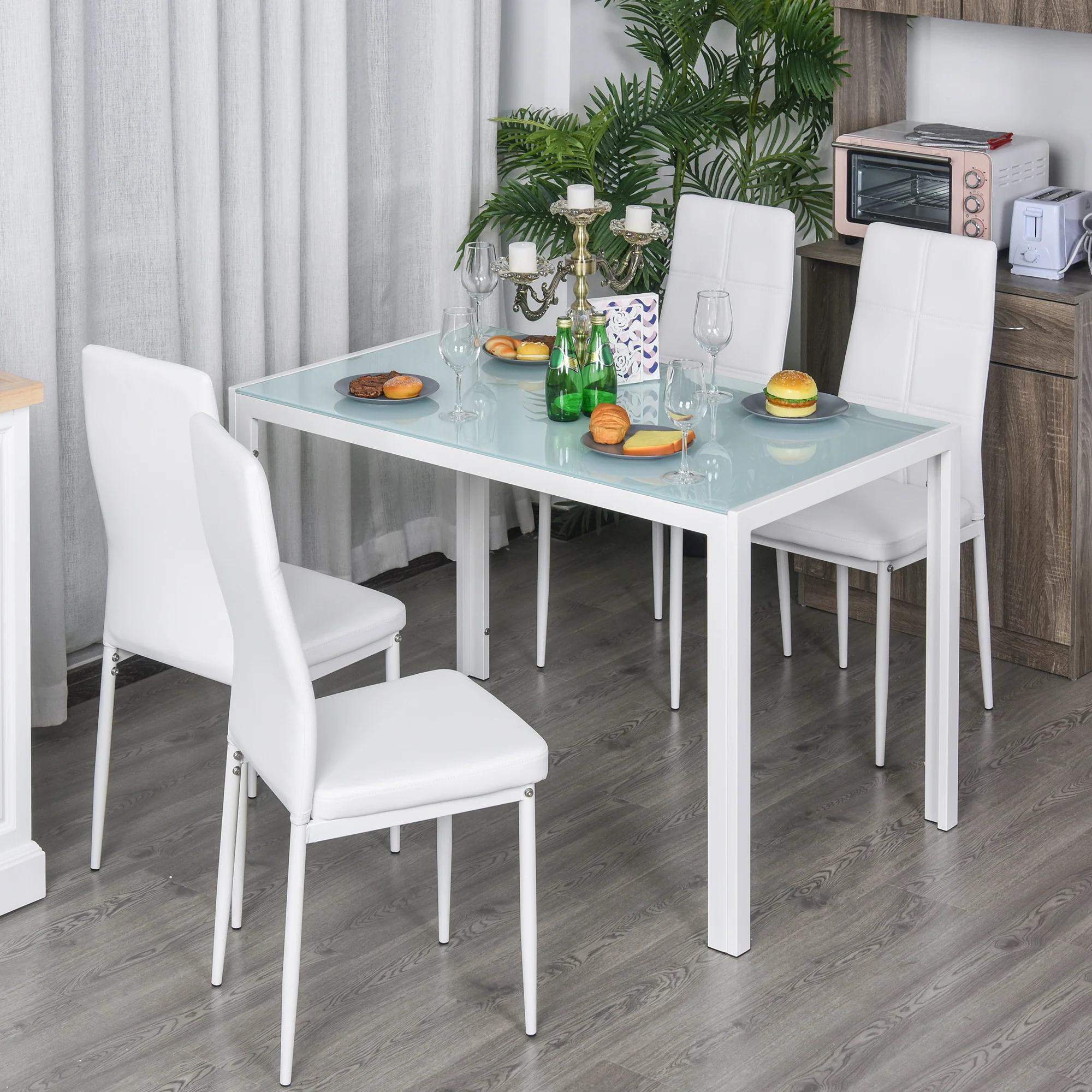 Ensemble table à manger et chaises pour 4 personnes, table de cuisine avec chaises, plateau rectangulaire en verre, structure en métal, pour cuisine salon maison, blanc - Image 3